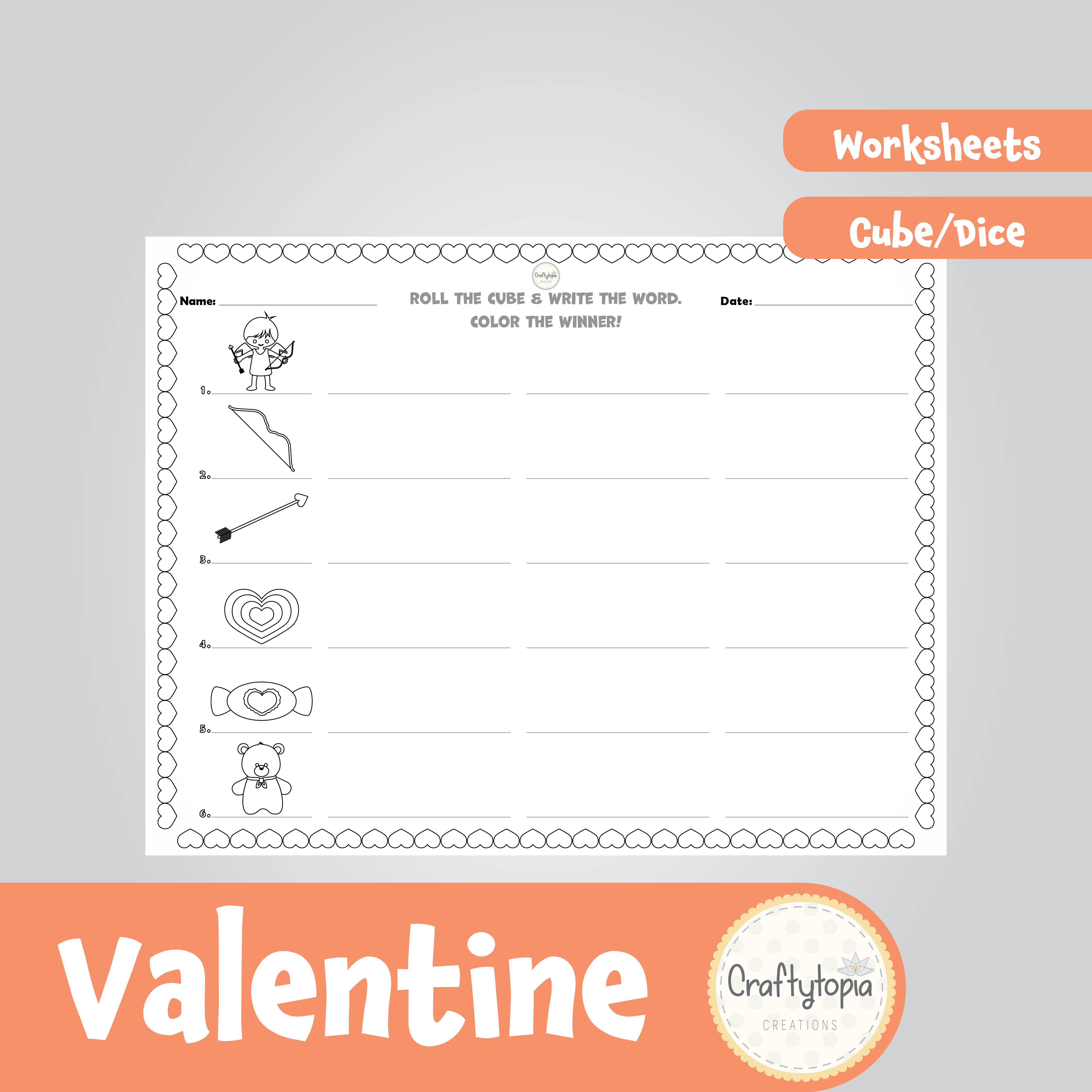 Printable Valentine's Day Cube and Worksheets Kids Activity