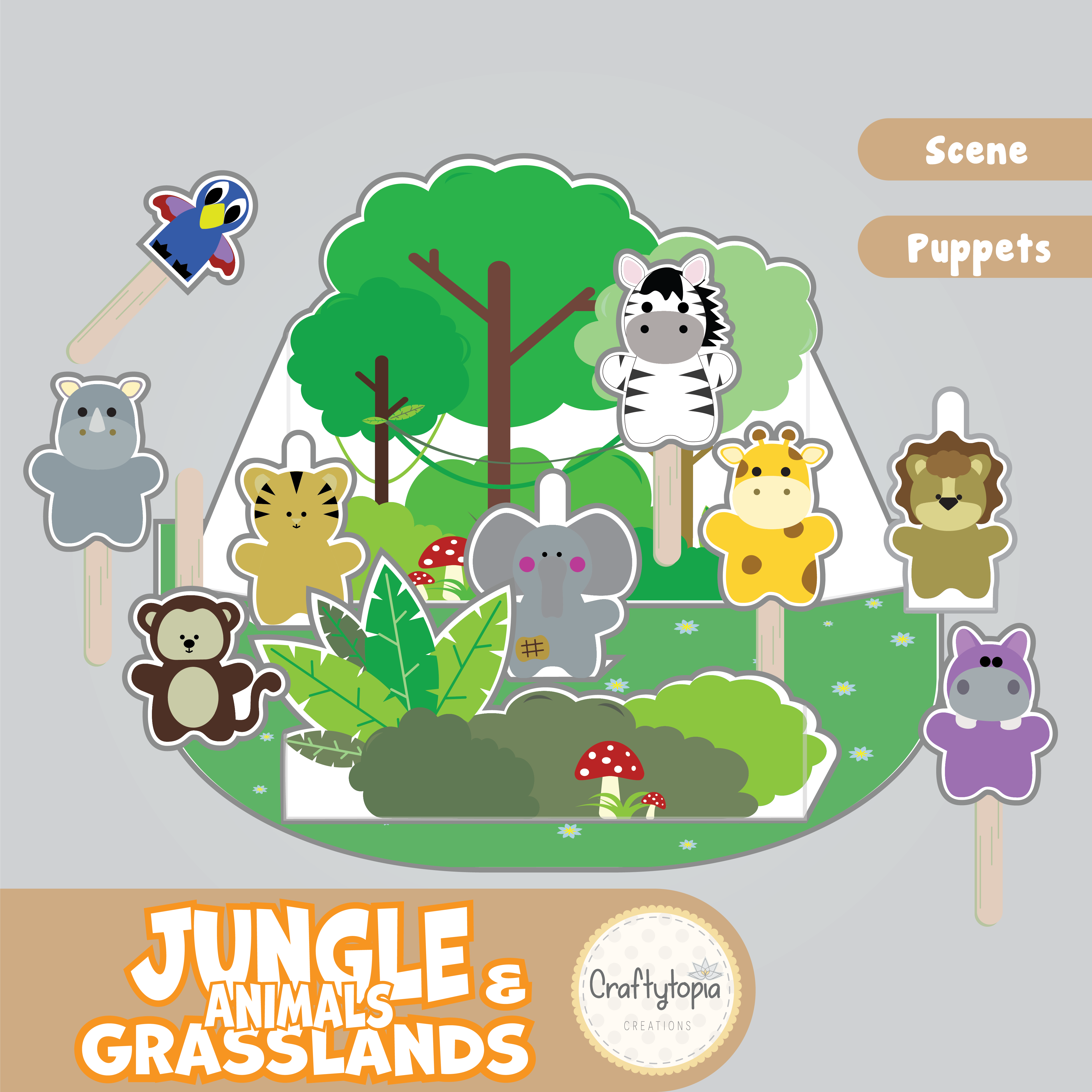 Printable Jungle Grasslands Scene Puppets Kids Activity