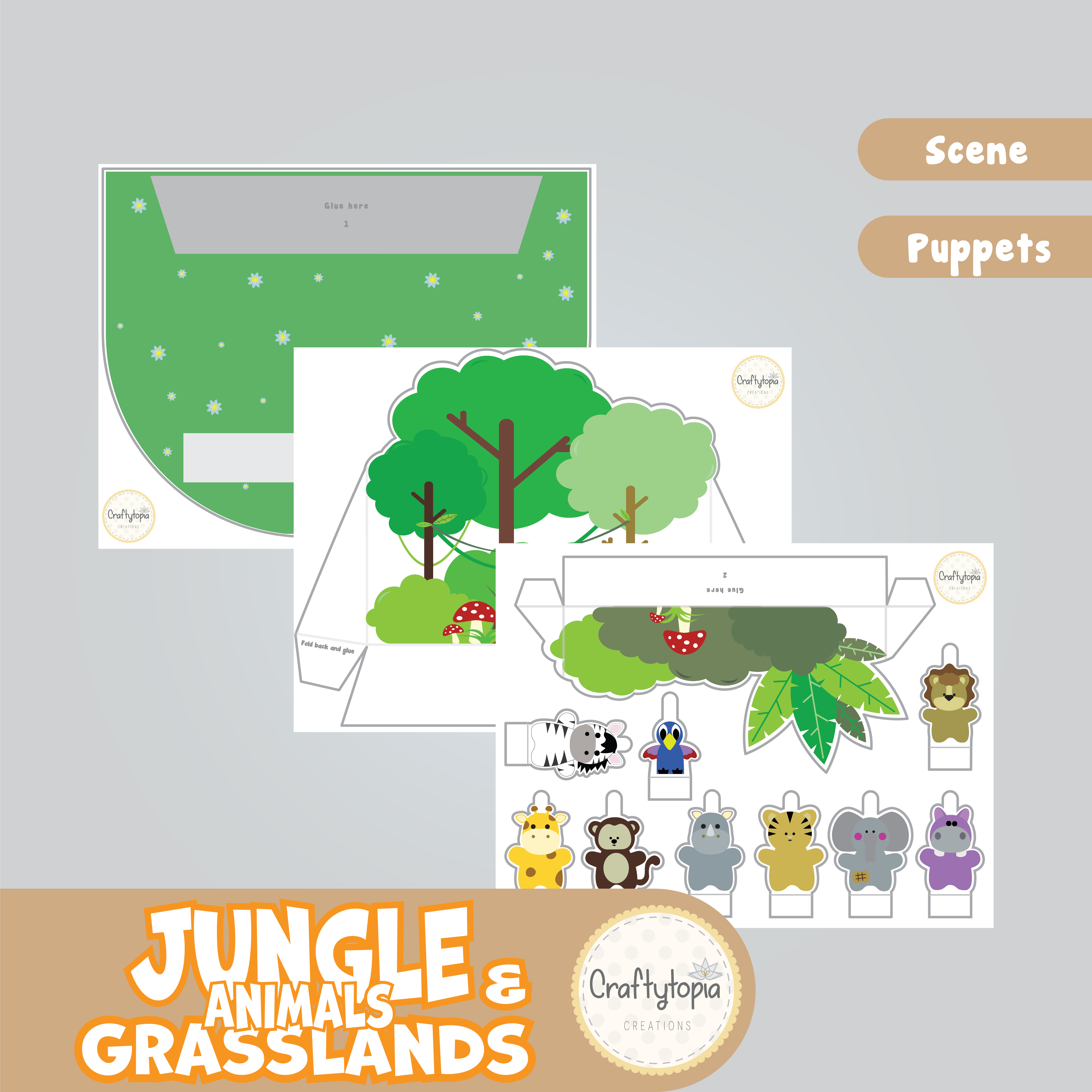 Printable Jungle Grasslands Scene Puppets Kids Activity in color