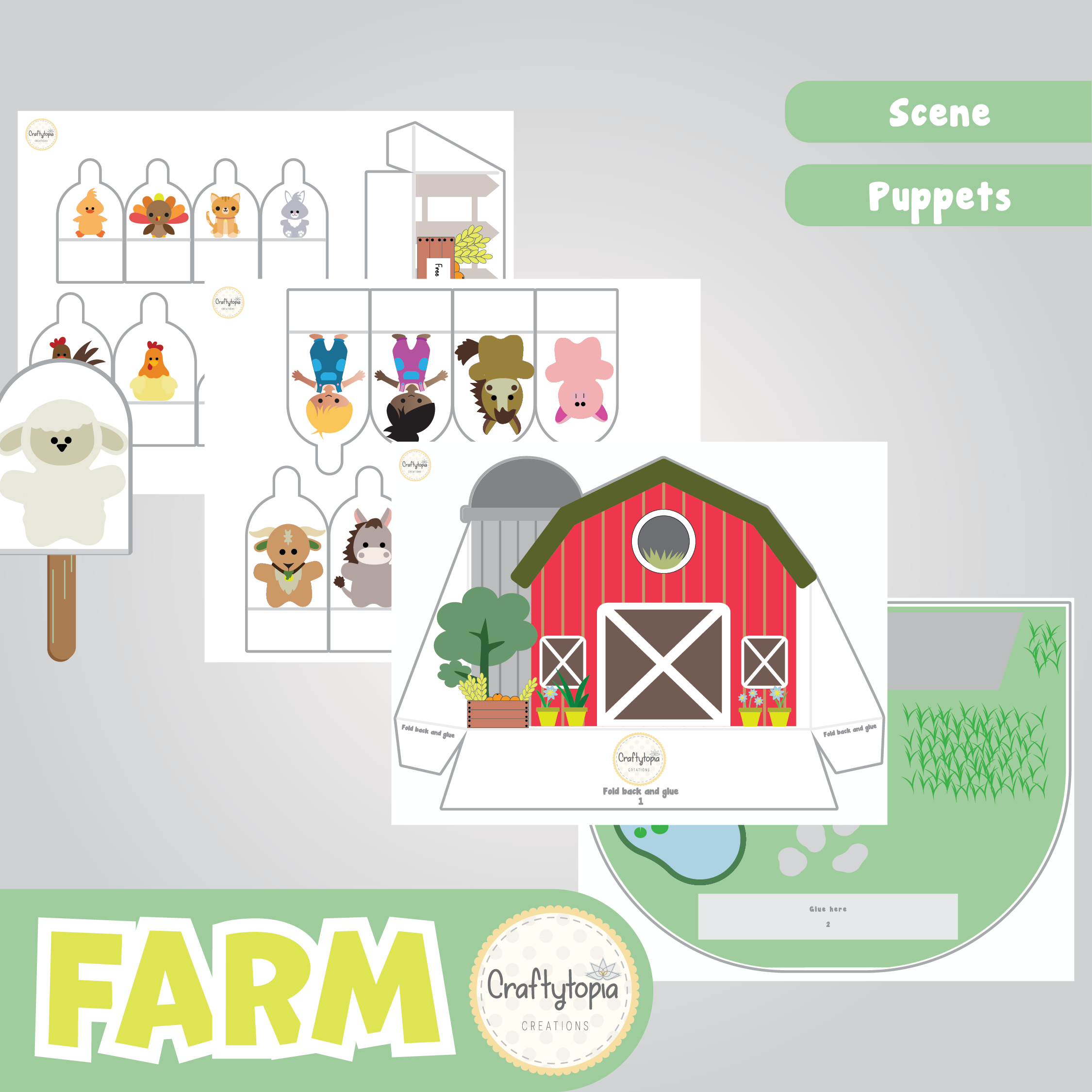 Printable Farm Puppets Scene Kids Activity in color