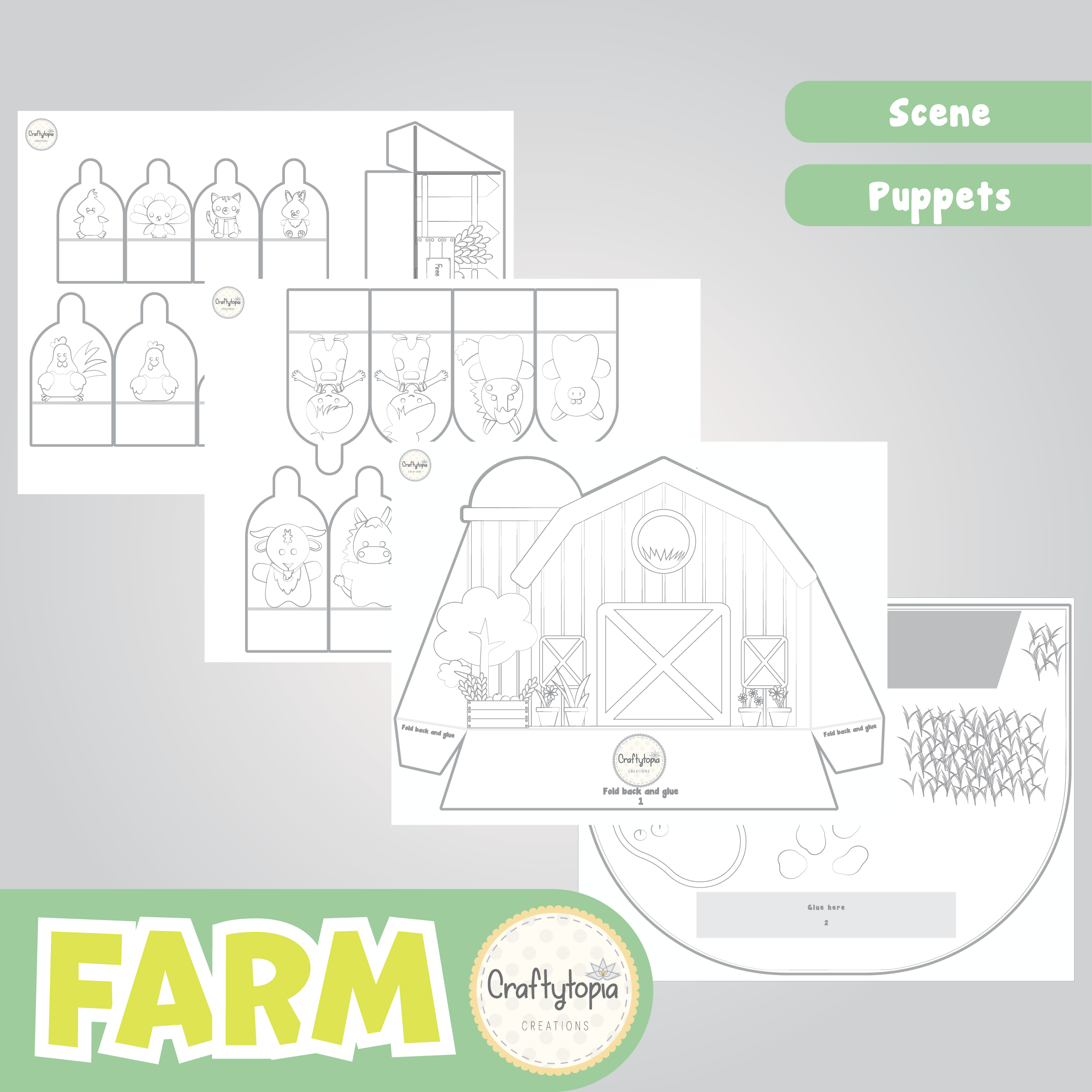 Printable Farm Puppets Scene Kids Activity for coloring