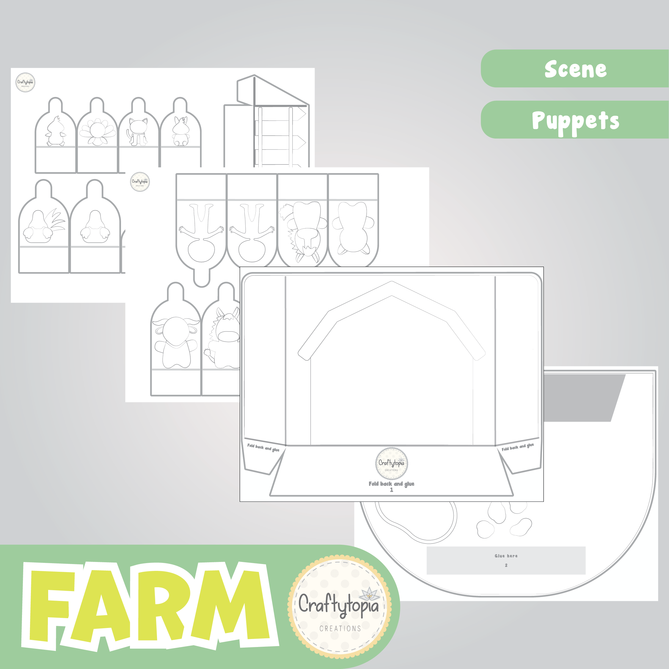 Printable Farm Puppets Scene Kids Activity templates