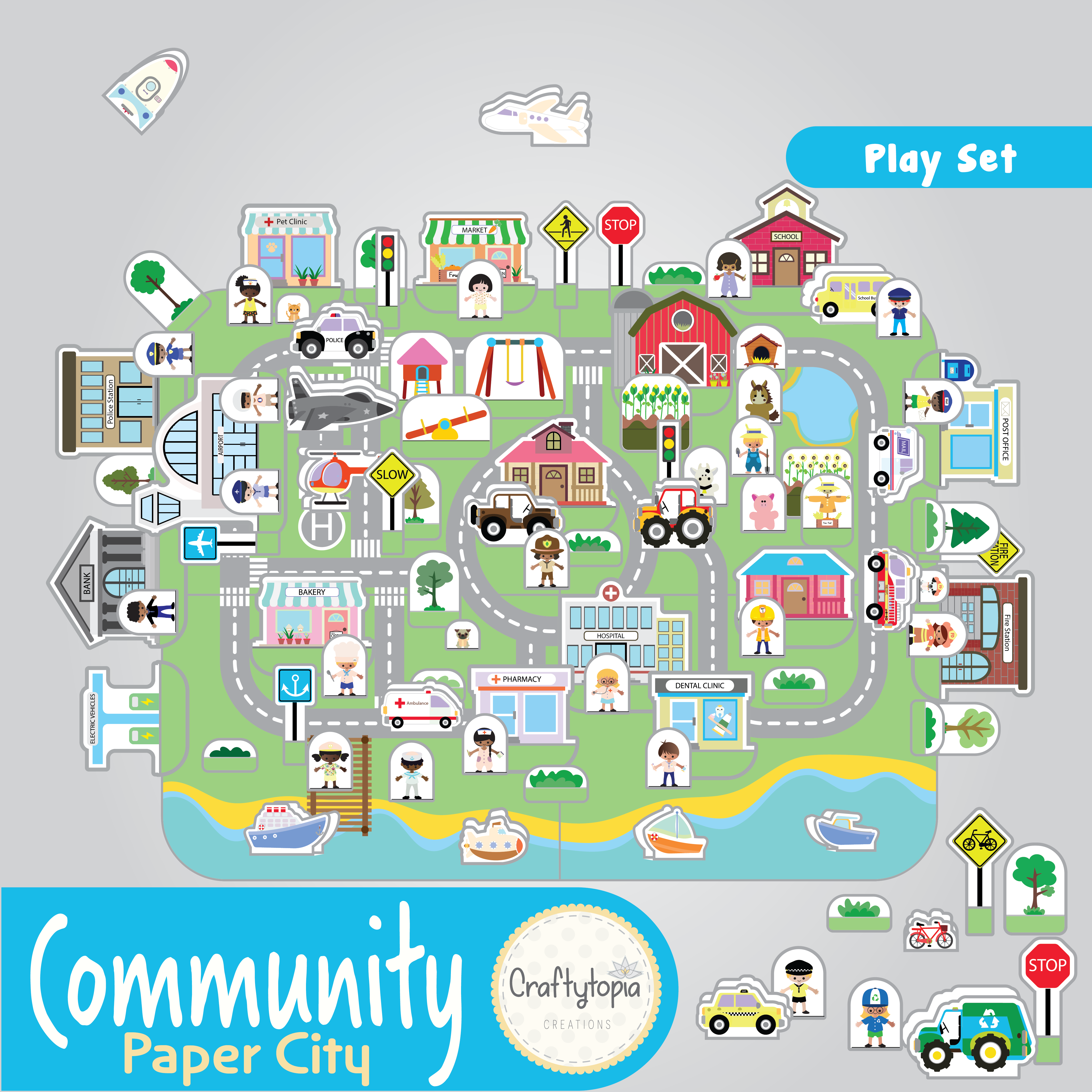 Printable 3D Paper City Puppets Scene Kids Activity