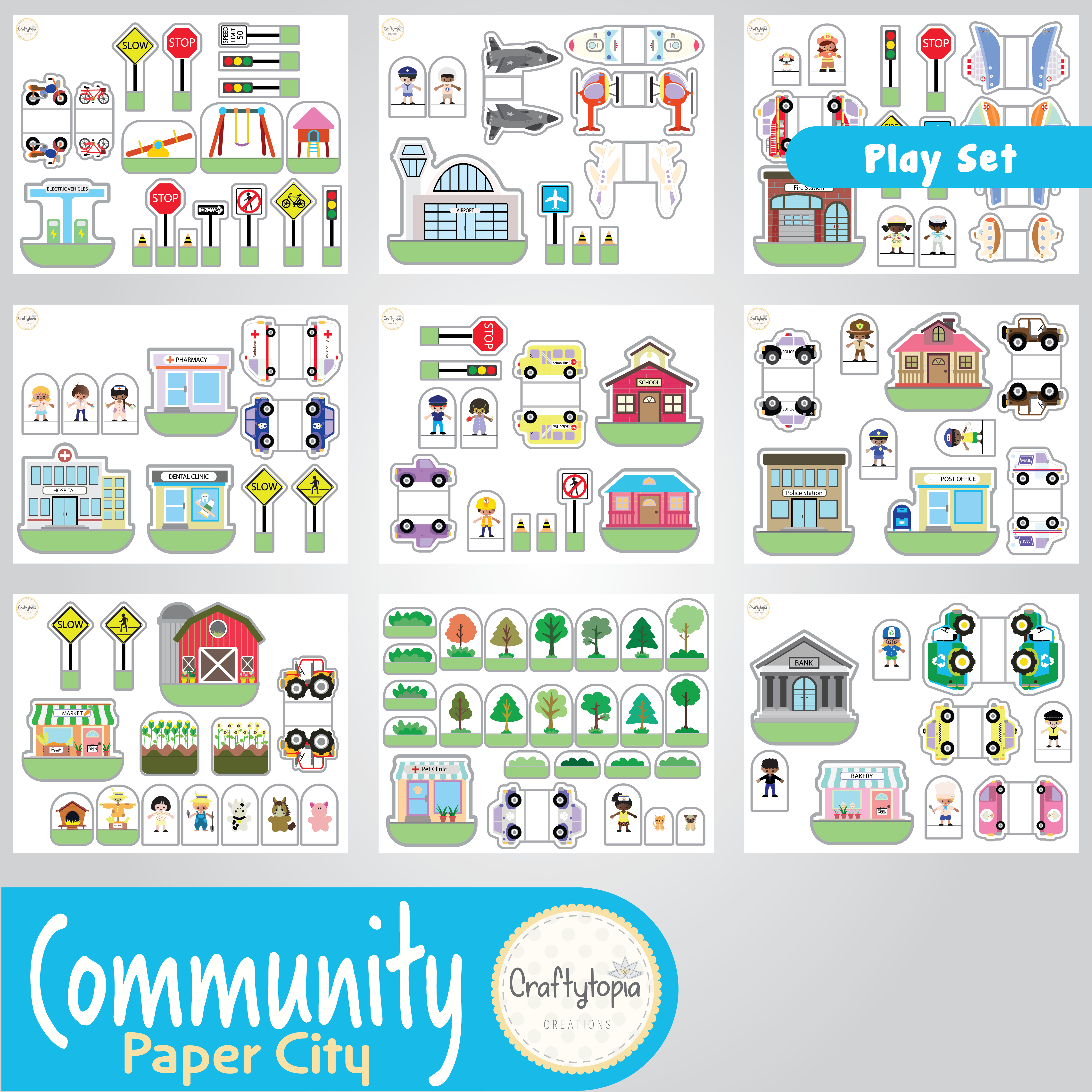 Printable 3D Paper City Puppets Scene Kids Activity in color