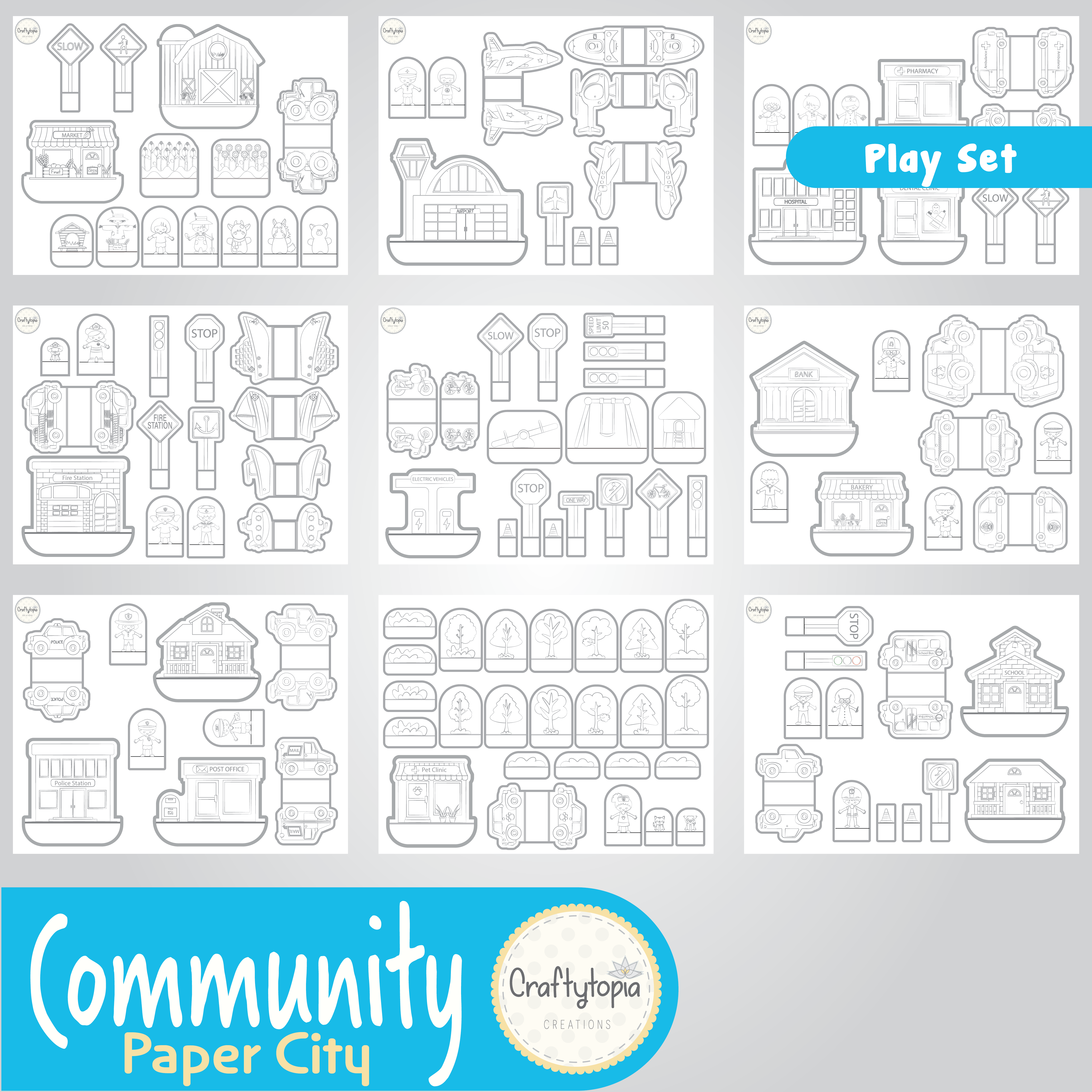 Printable 3D Paper City Puppets Scene Kids Activity templates