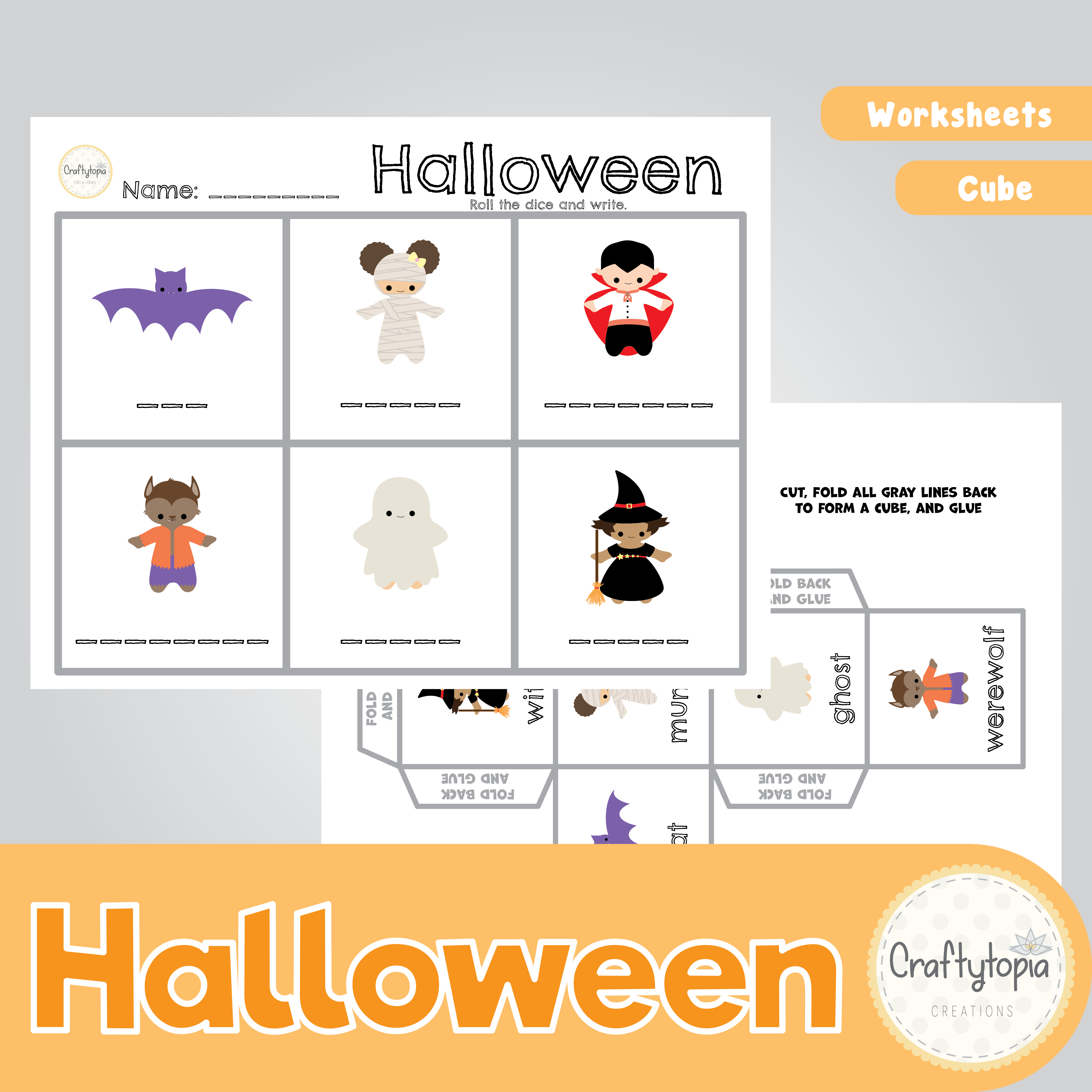 Halloween Vocabulary Cube Writing Kids Activity in color