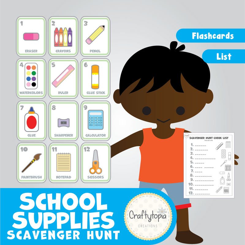 Back to School Supplies Scavenger Hunt Flashcards and writing list printable for kids