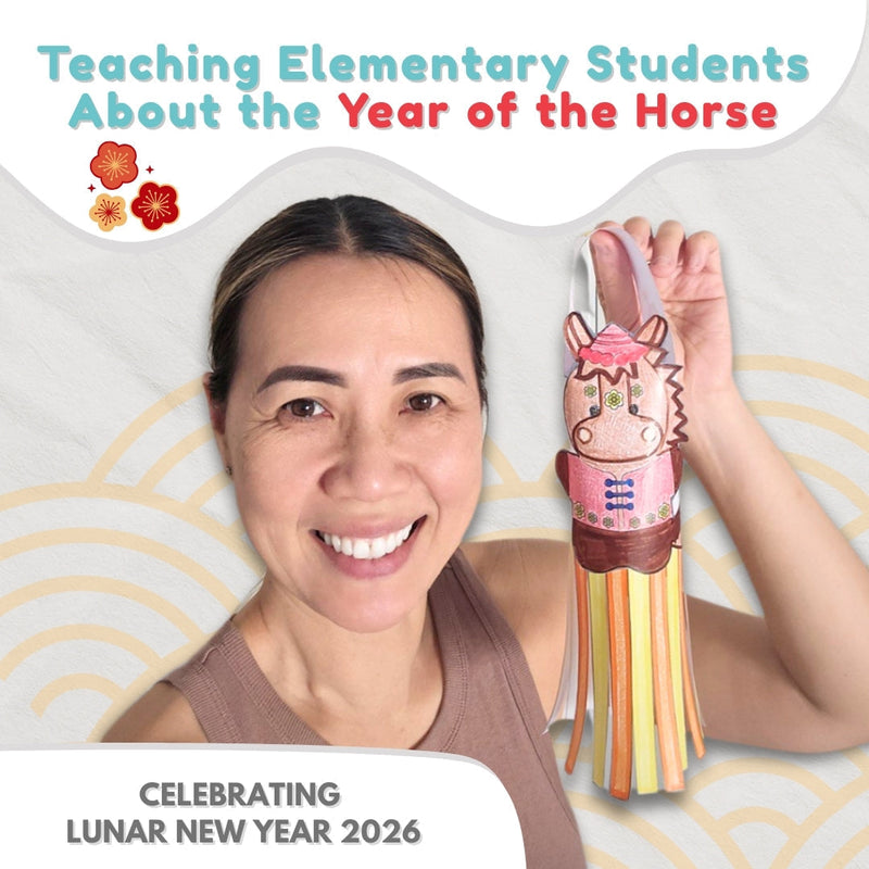 Adult holding a Year of the Horse Lunar New Year windsock craft in a classroom-style educational image for teaching elementary students