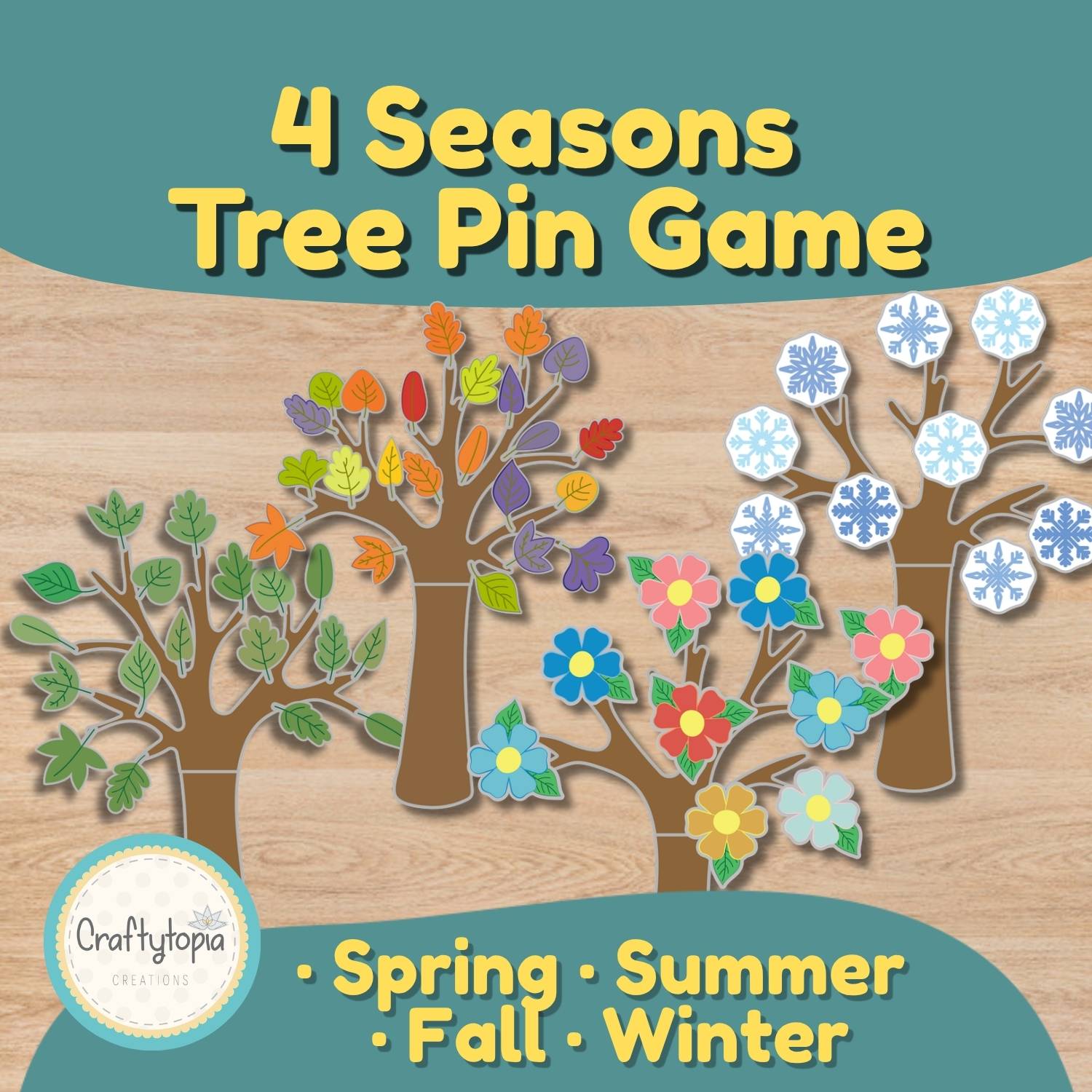 Printable four seasons tree pin game with leaves, flowers, and snowflakes for fall, spring, winter, and summer