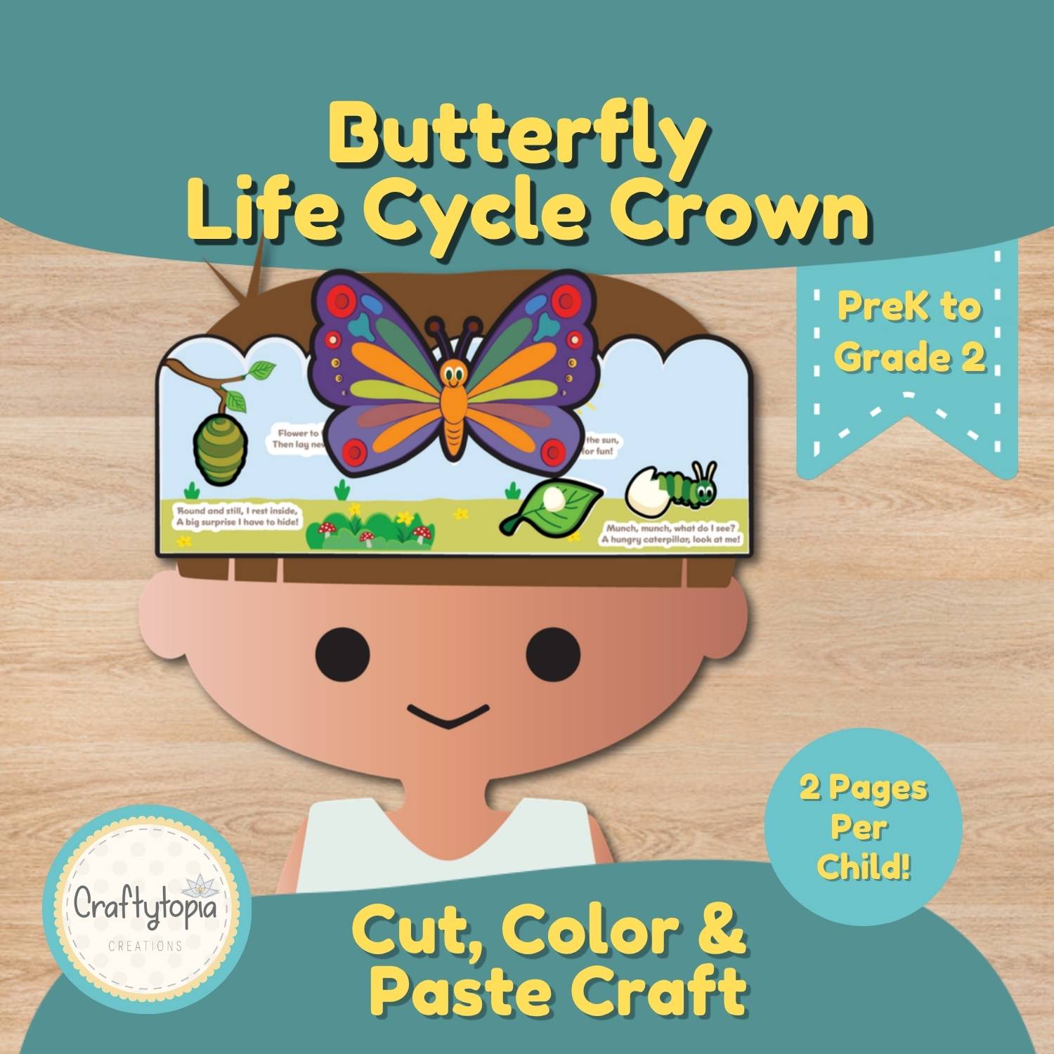 Printable butterfly life cycle crown showing egg, caterpillar, chrysalis, and butterfly stages for kids