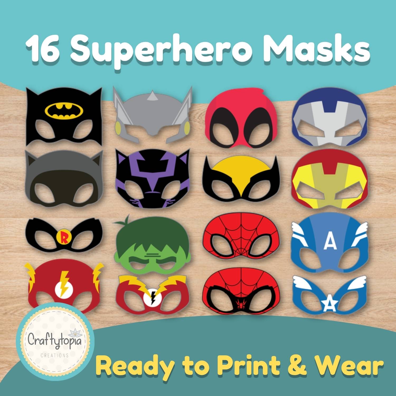 Printable superhero masks in bright colors for kids pretend play and dress up