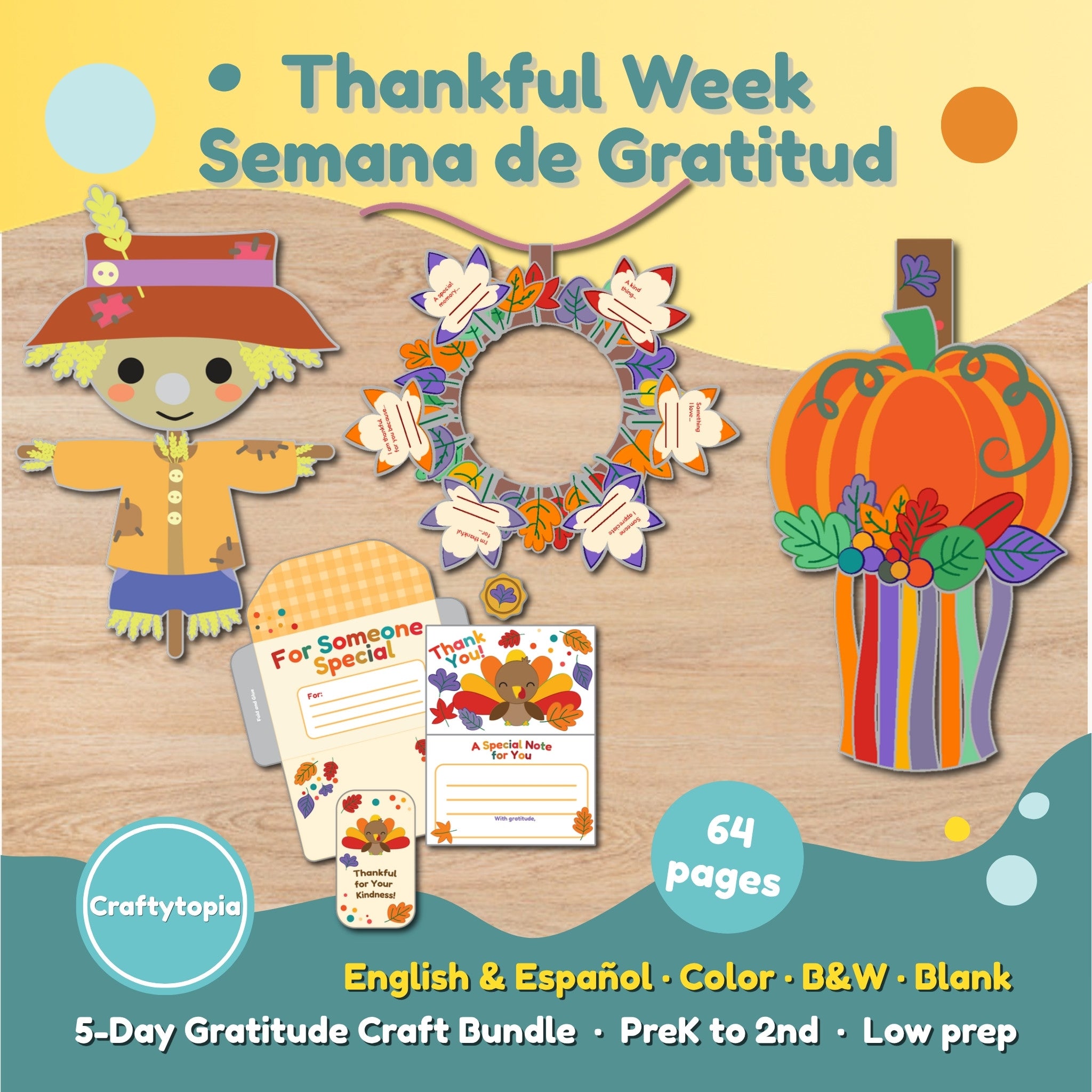 Thankful Week bilingual Thanksgiving gratitude craft bundle for kids PreK to 2nd with scarecrow, wreath, cards and windsock