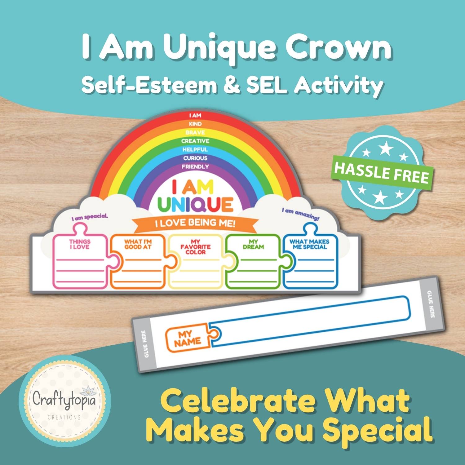 Printable I Am Unique crown craft for kids to color and wear as a self-esteem and SEL activity