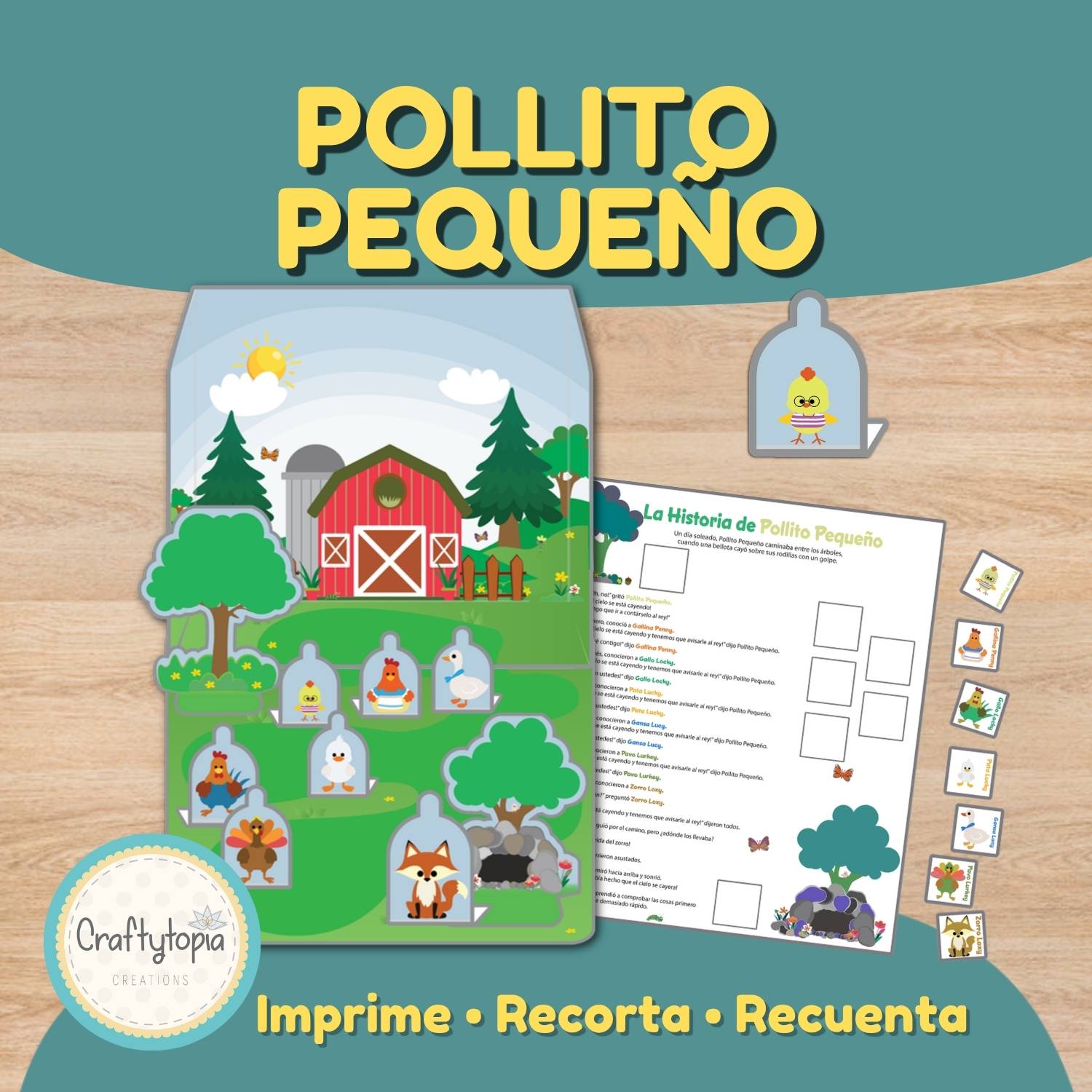 Títeres imprimibles de Pollito Pequeño con escenario 3D de granja y hoja para recontar el cuento