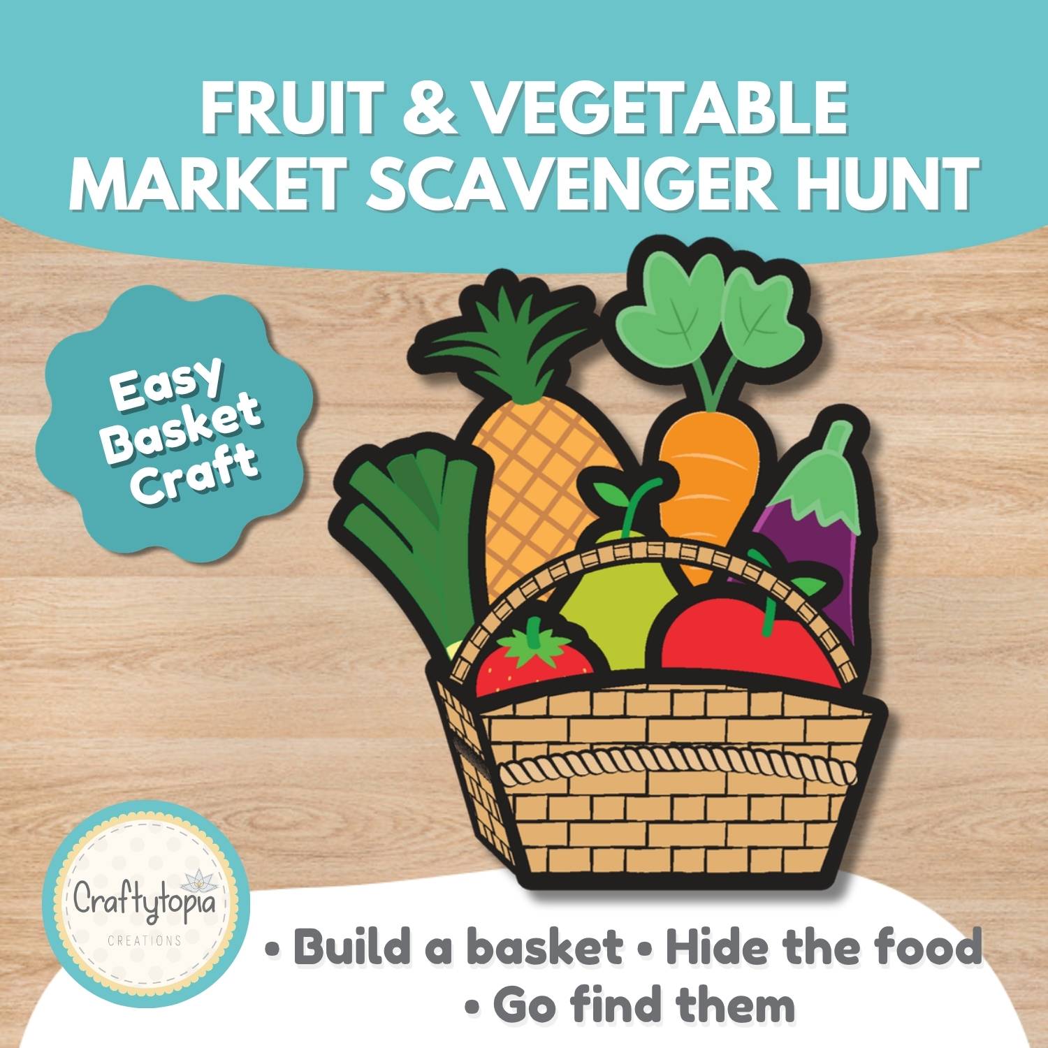 Printable fruit and vegetable market scavenger hunt with picture flashcards and a checklist for kids