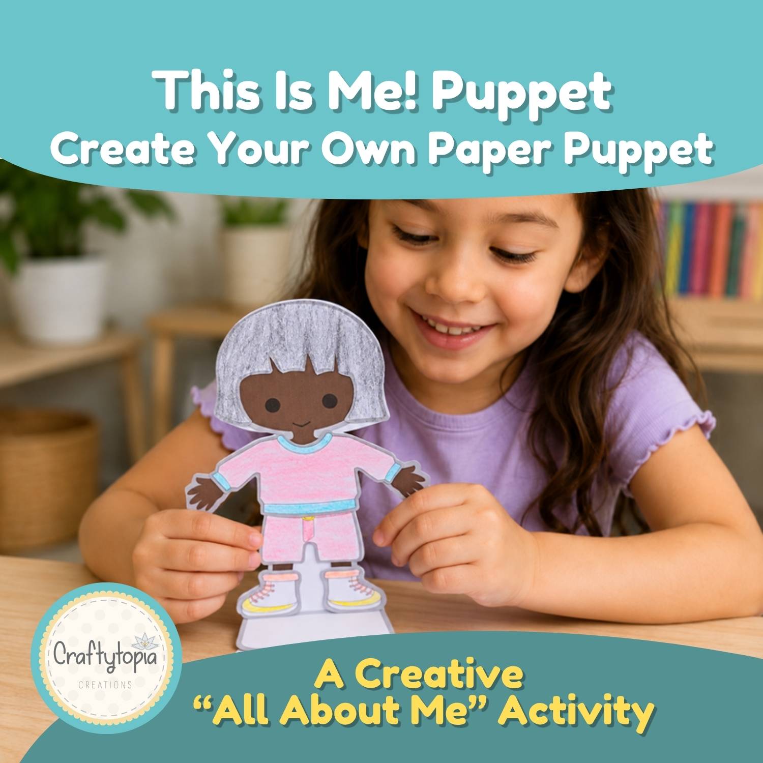 Printable All About Me paper puppet craft that kids color and personalize to look like themselves