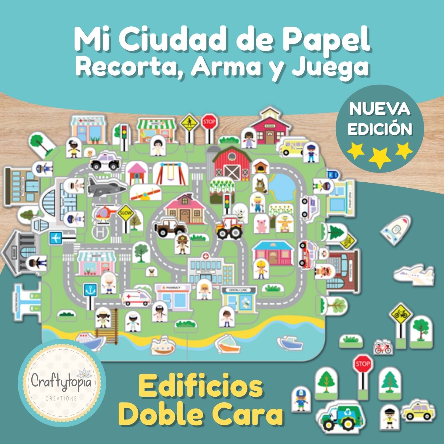 Ciudad de papel imprimible en 3D con edificios, vehículos y personajes para que los niños recorten, armen y jueguen