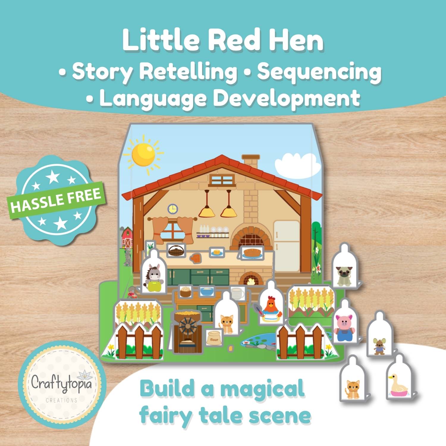 Printable Little Red Hen puppets with a farm puppet theater scene for story retelling