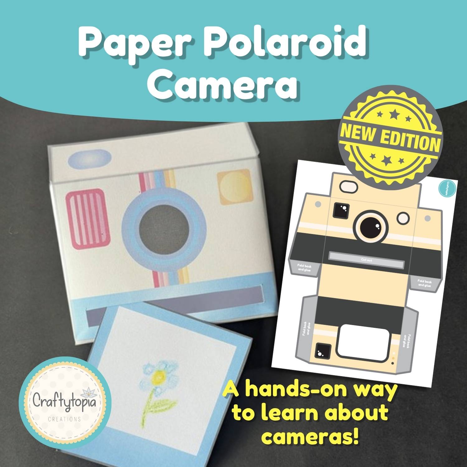 Assembled 3D paper Polaroid camera craft beside its printable template and a child-drawn photo