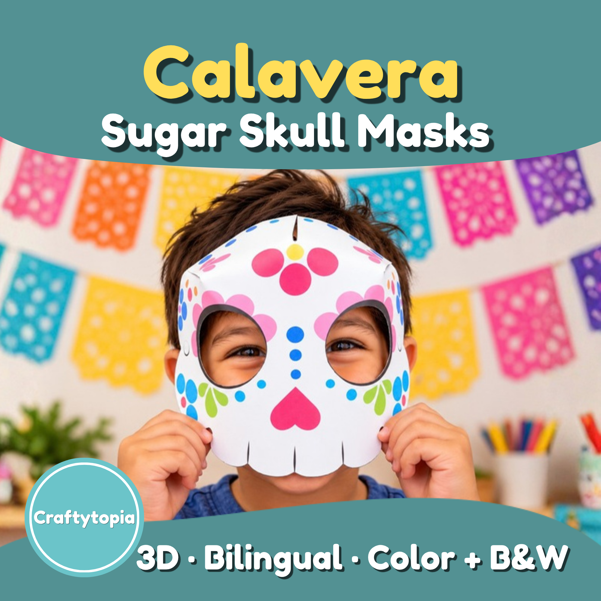 Calaverita sugar skull masks printable for kids, colorful 3D paper mask for Día de Muertos