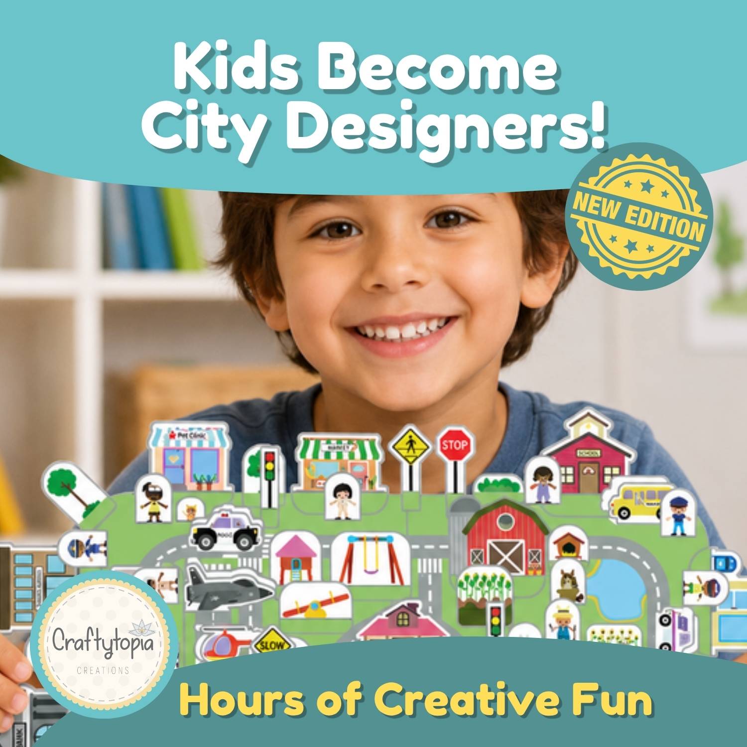 Printable 3D paper city scene with community helper puppets and buildings for kids to build and play