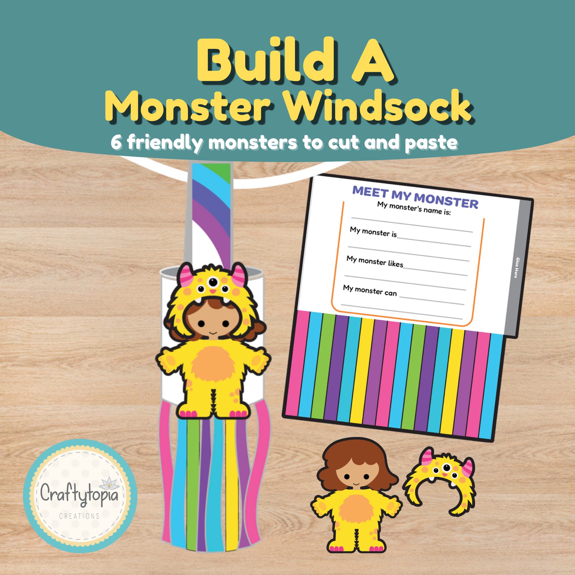 Monster windsock craft and writing activity for kids with a child in a monster costume on the front and a writing page on the back.