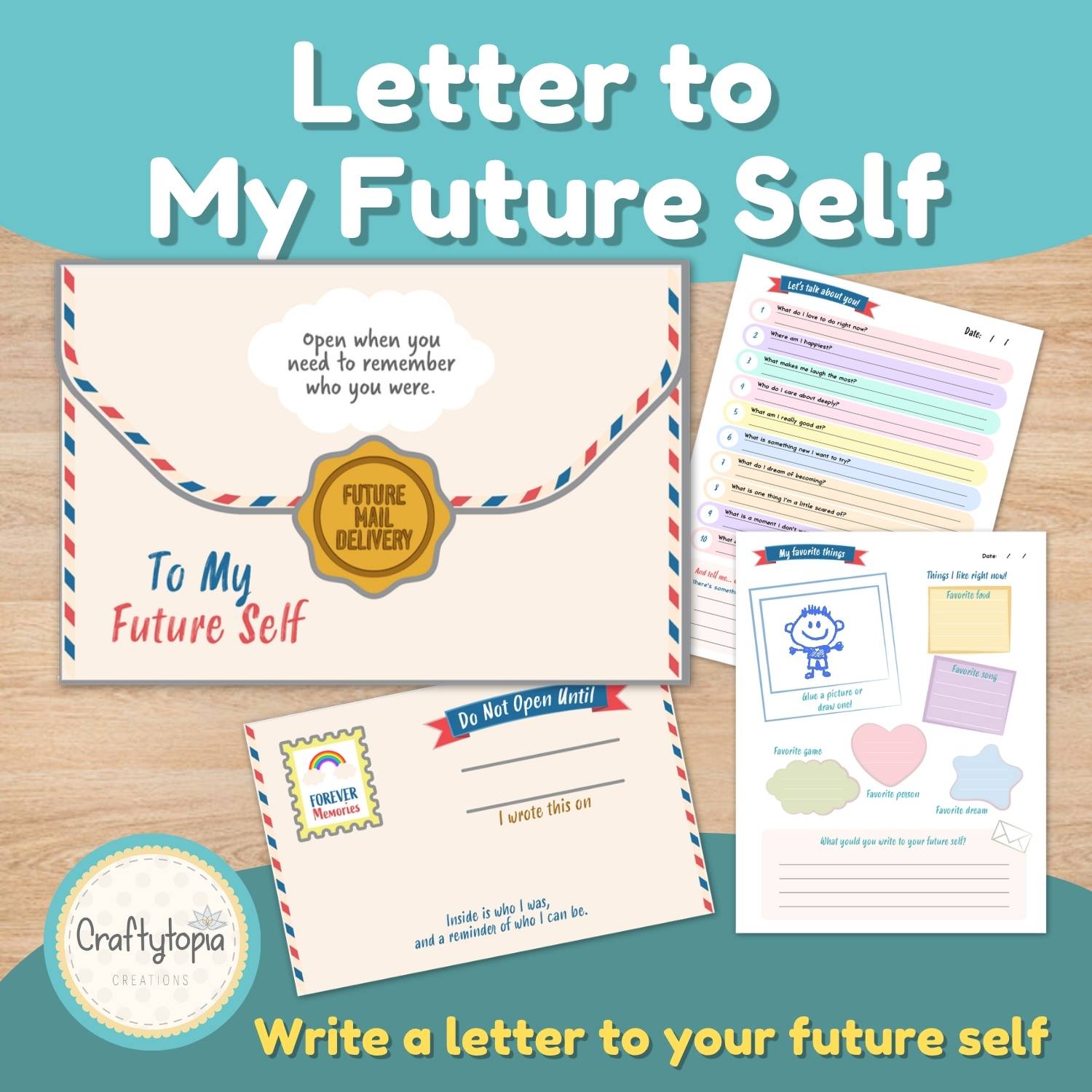 Printable Letter to My Future Self time capsule activity with a DIY airmail envelope for kids