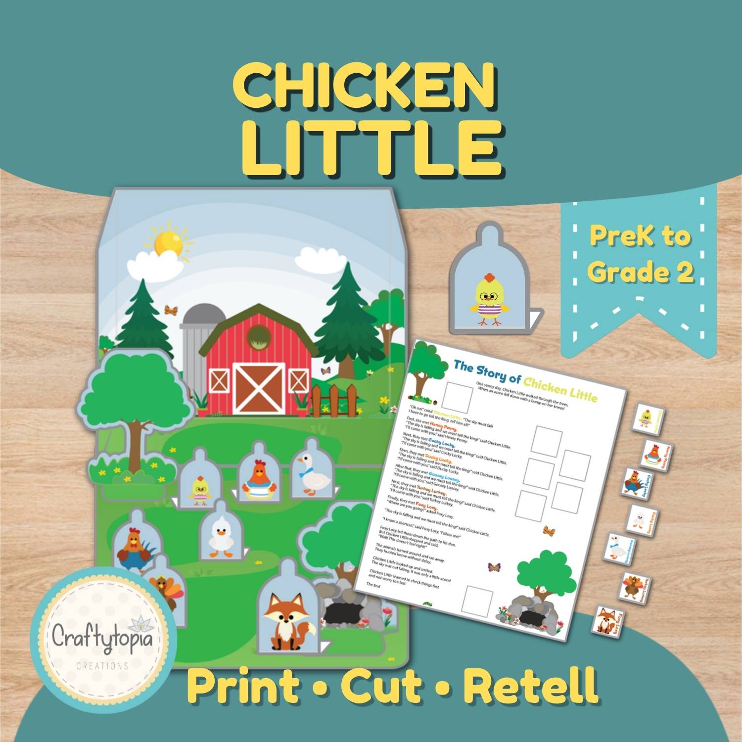 Printable Chicken Little puppets with a 3D farm scene and story retelling page for kids