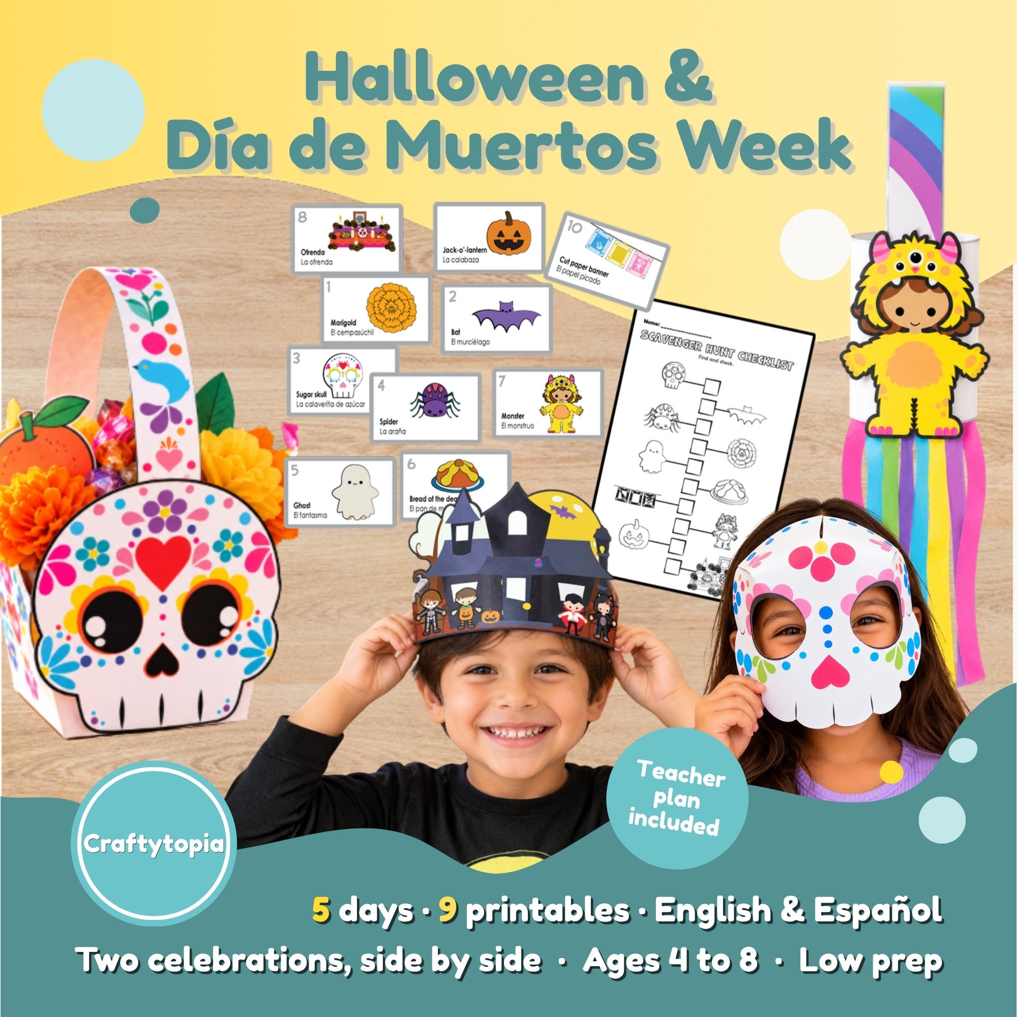 Kids wearing a printable haunted house crown and sugar skull masks next to a 3D sugar skull basket and bilingual worksheets