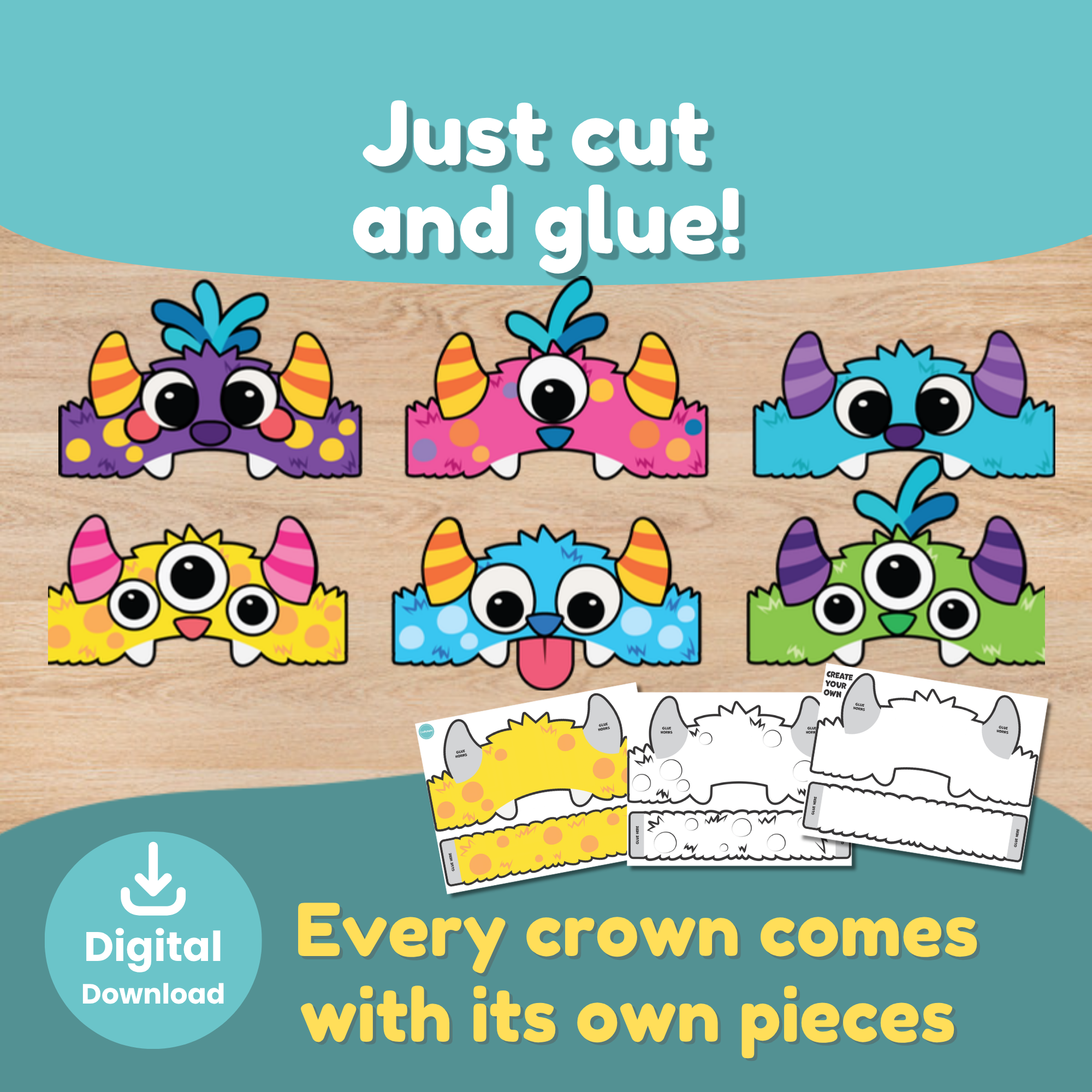 Monster crown cut and paste pages where each crown comes with its own eyes, horns, nose, and hair to glue on.