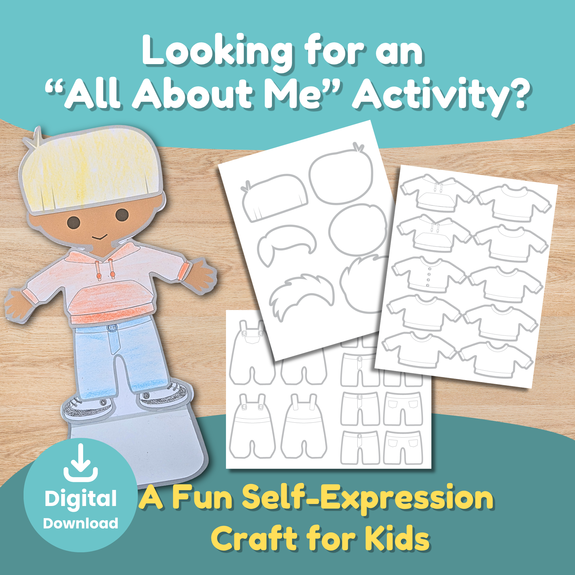 A finished colored paper puppet beside blank template sheets, showing the design-your-own All About Me activity.