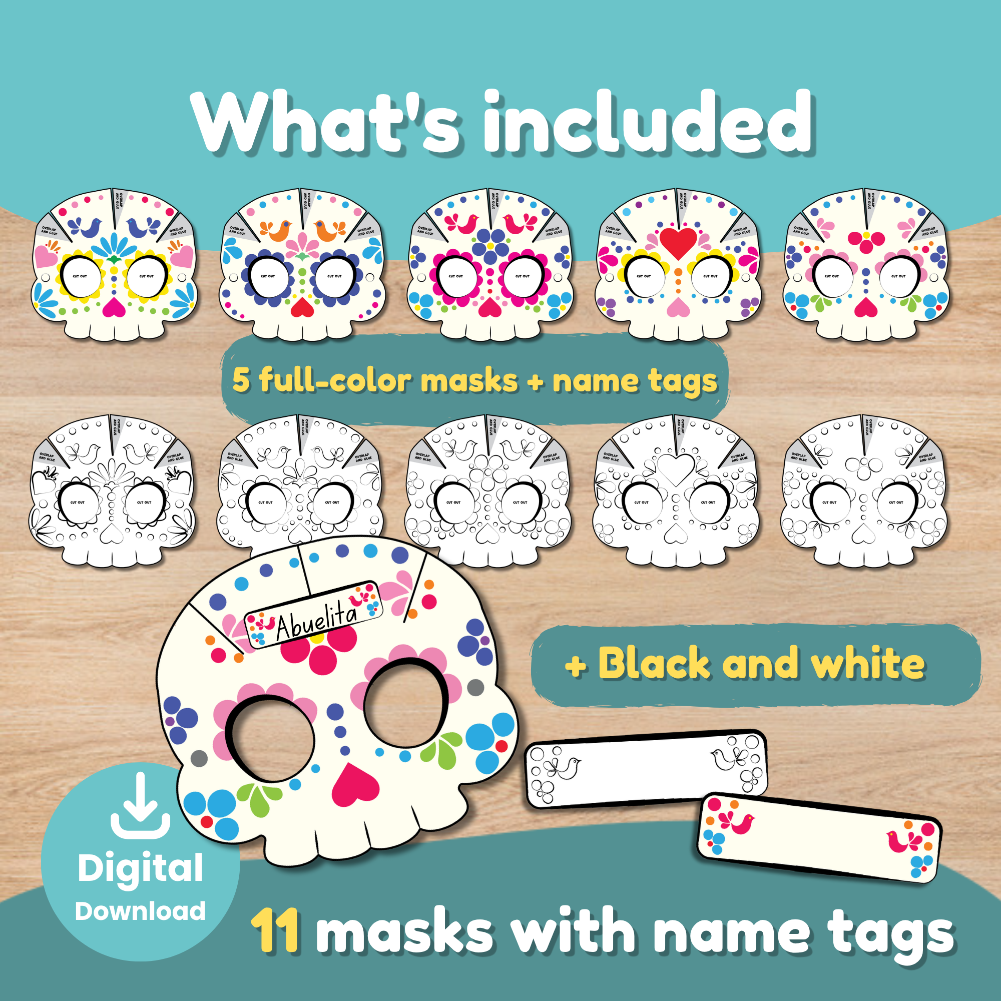 What's included: color and black and white sugar skull masks with name tags, a blank mask, and bilingual reading pages