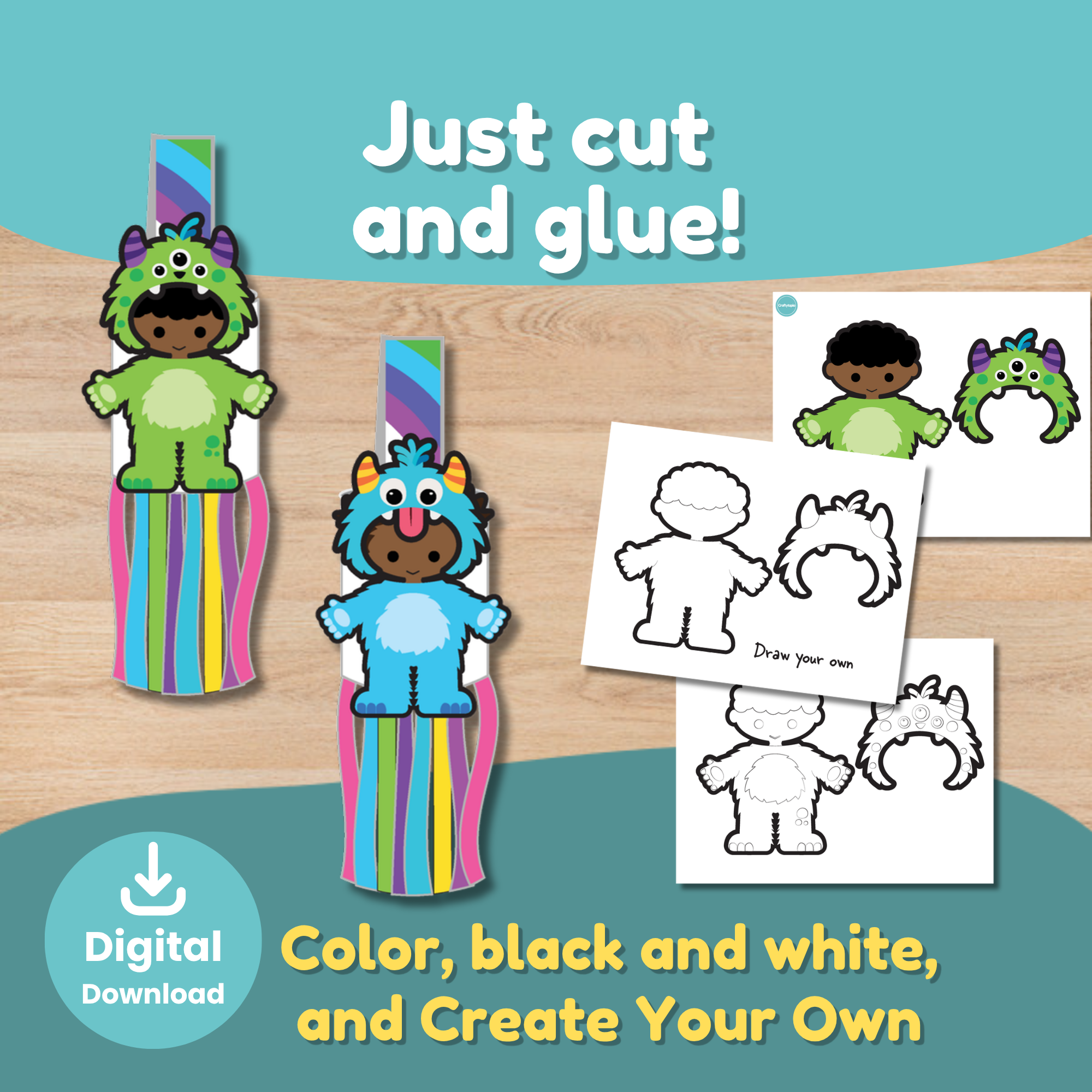 Printable monster windsock pages with six kids in monster costumes, matching hoods, and colorful streamers to cut and glue.