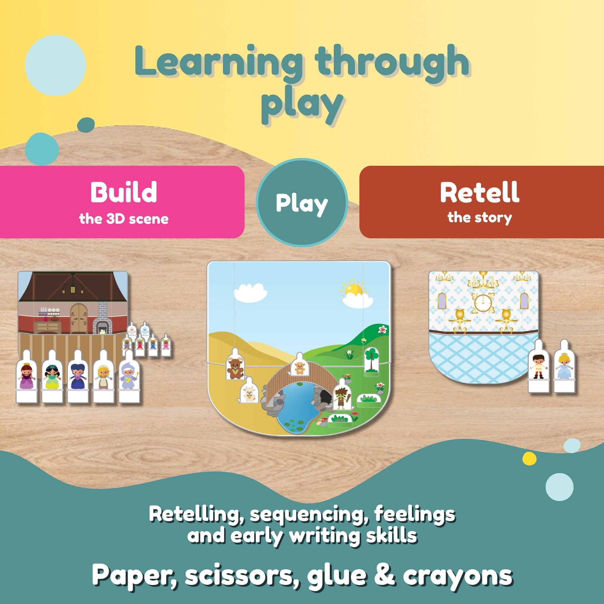Kids build the 3D fairy tale scene and retell the story with paper puppets, learning through play