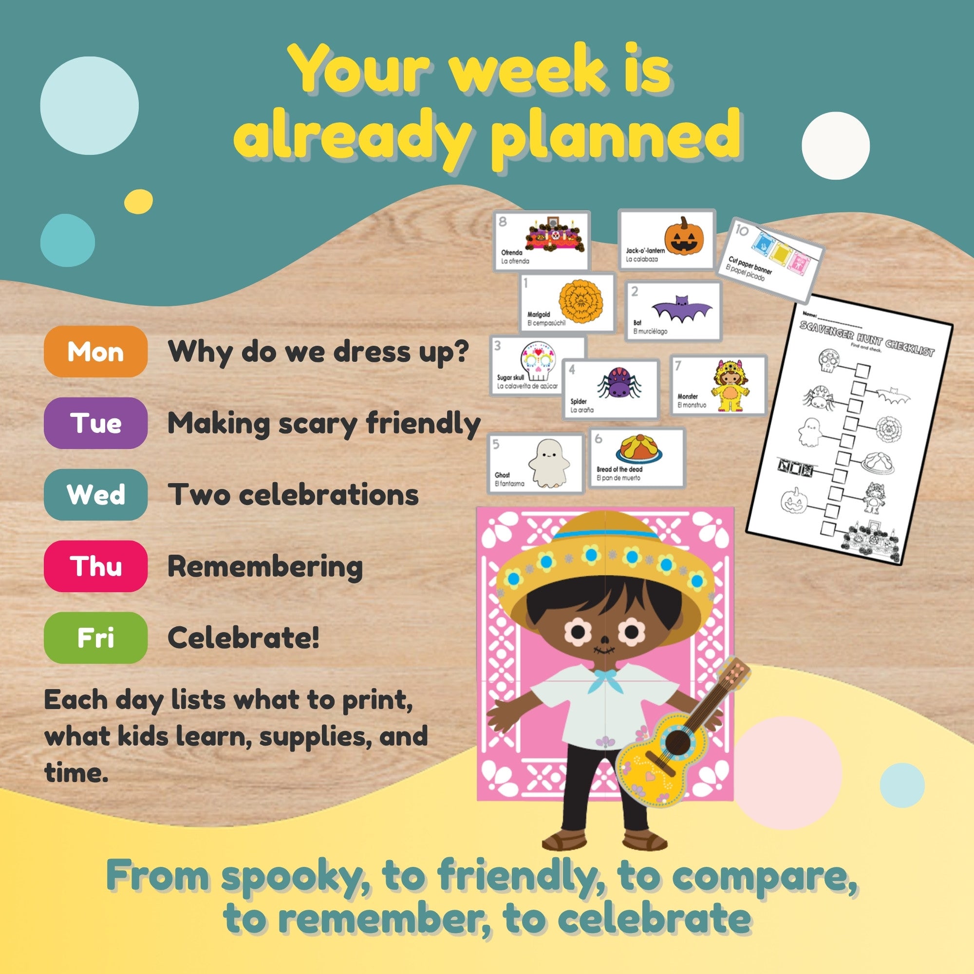 Five-day Halloween and Día de Muertos weekly plan page with a color-coded Monday to Friday list