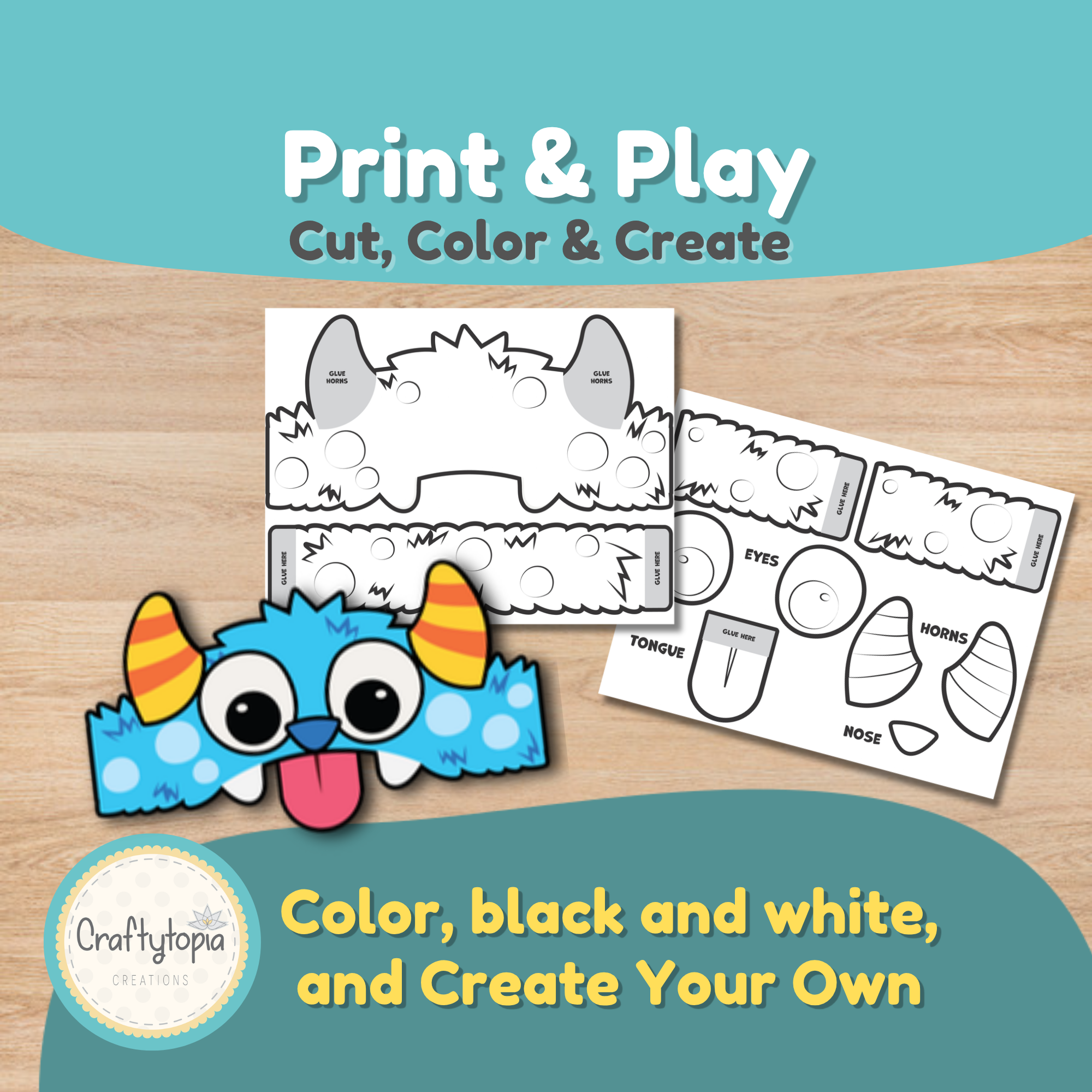 Printable monster crown craft in color, black and white, and Create Your Own blank templates for kids to design.