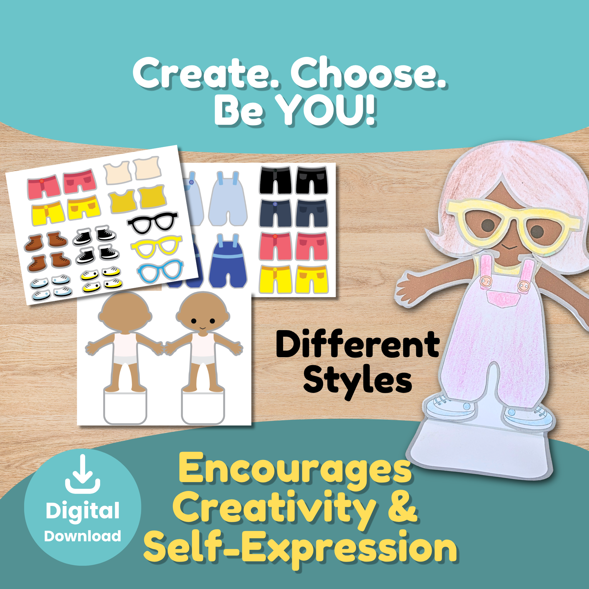 Puppet clothing, glasses, and accessories in different styles for children to mix and personalize their own paper puppet.