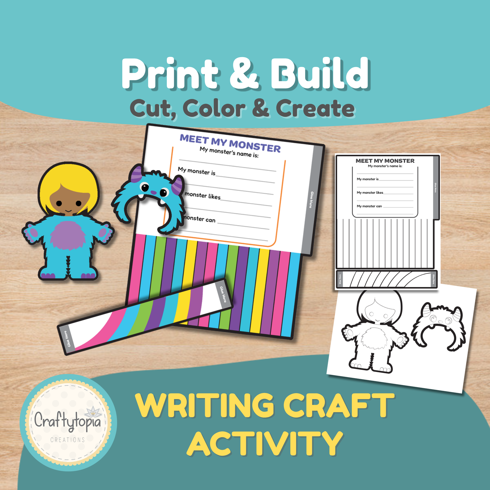 Meet My Monster writing page with sentence starters for kindergarten to grade 2, plus black and white and Draw Your Own versions.