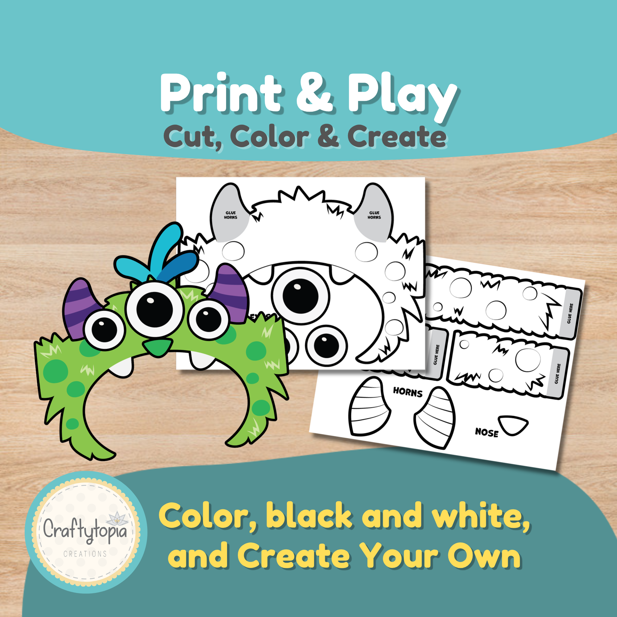 Printable monster mask craft in color, black and white, and Draw Your Own blank templates for kids to design.