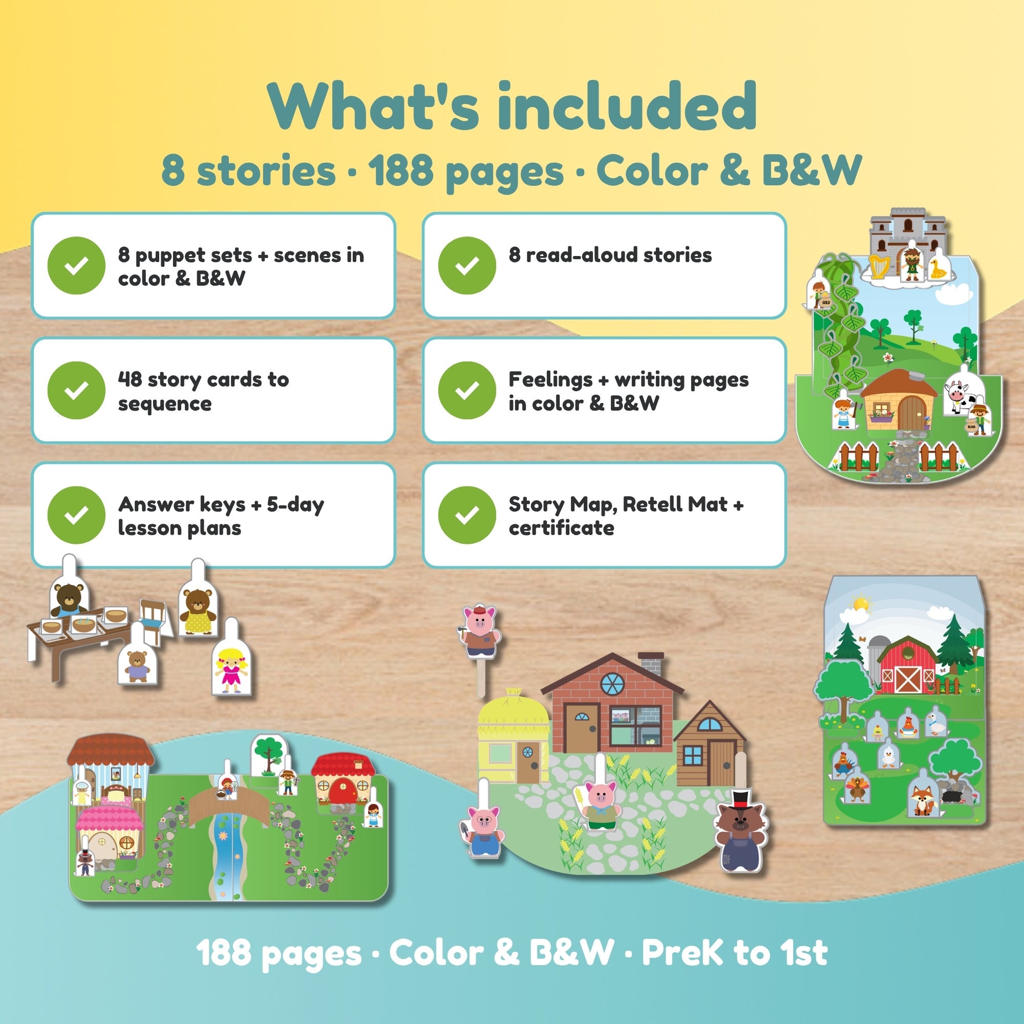 What's included in the Fairy Tale Puppet Theater bundle: puppets, scenes, stories, story cards, worksheets and lesson plans