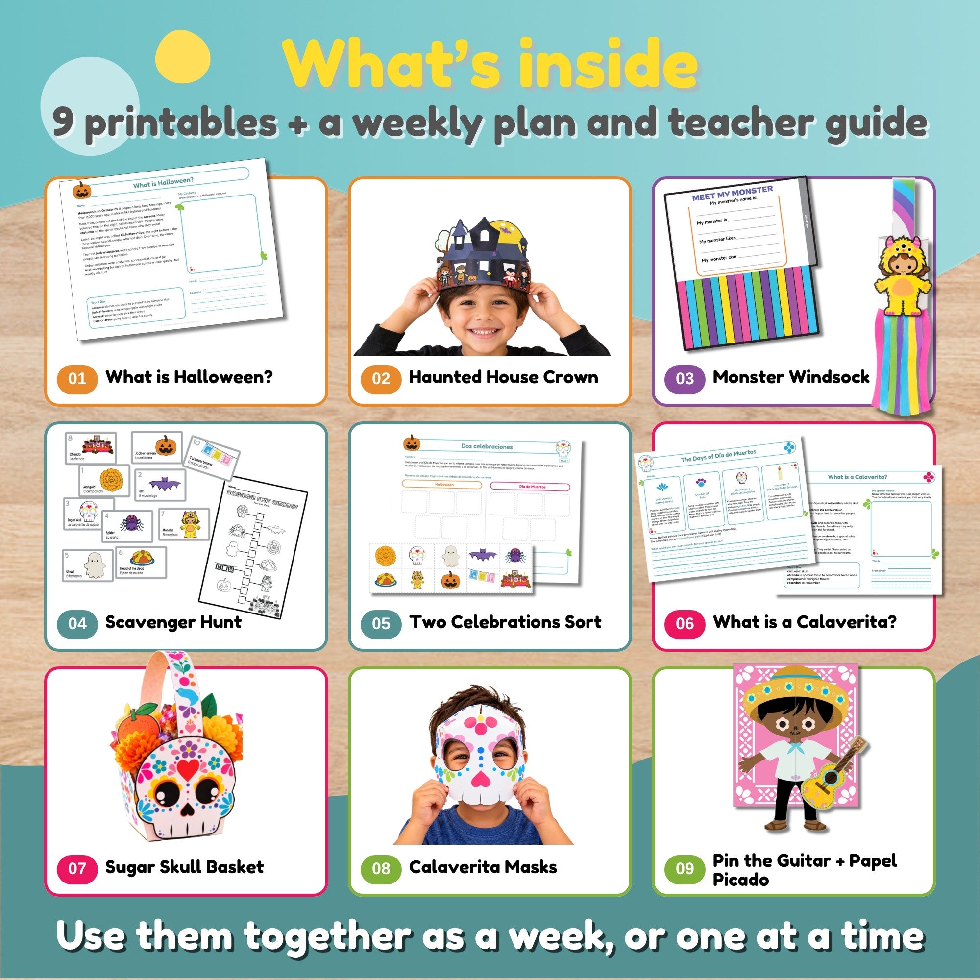 Grid of the 9 printables in the bundle, from the What is Halloween reading page to Pin the Guitar and papel picado