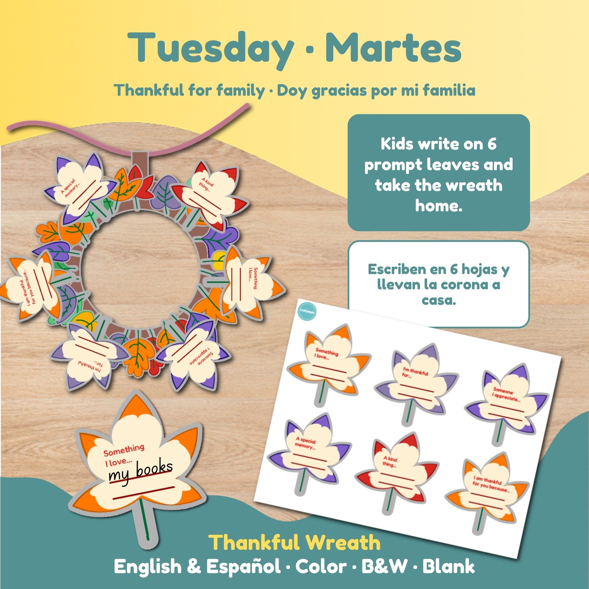 Tuesday: Thankful Wreath family gratitude craft with 6 prompt leaves