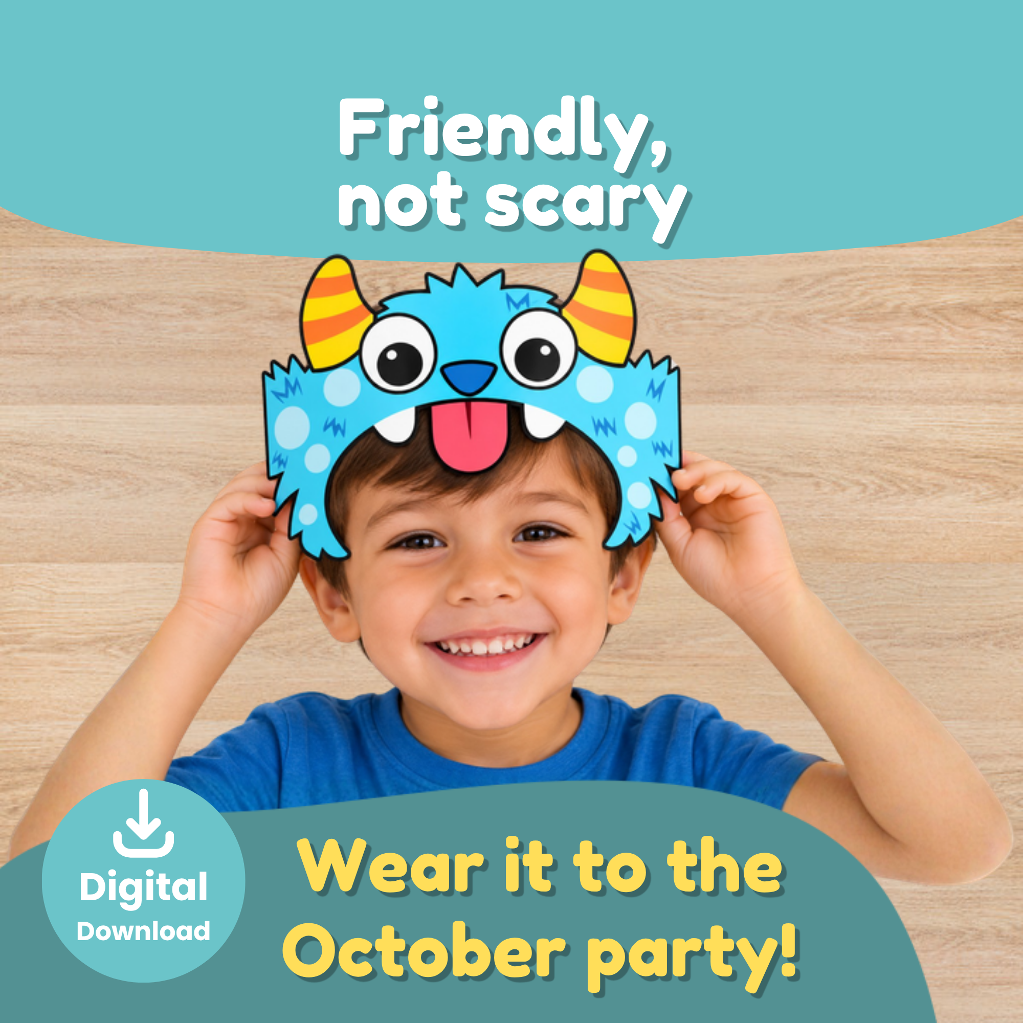 Friendly monster mask costume craft for a not-scary Halloween, great for class parties, dress-up, and pretend play.