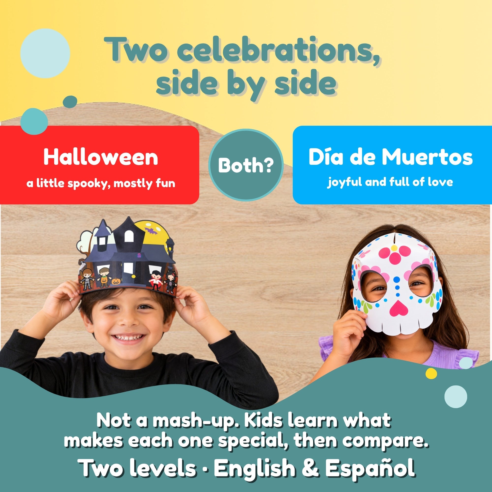 Boy in a haunted house crown and girl in a sugar skull mask, comparing Halloween and Día de Muertos side by side