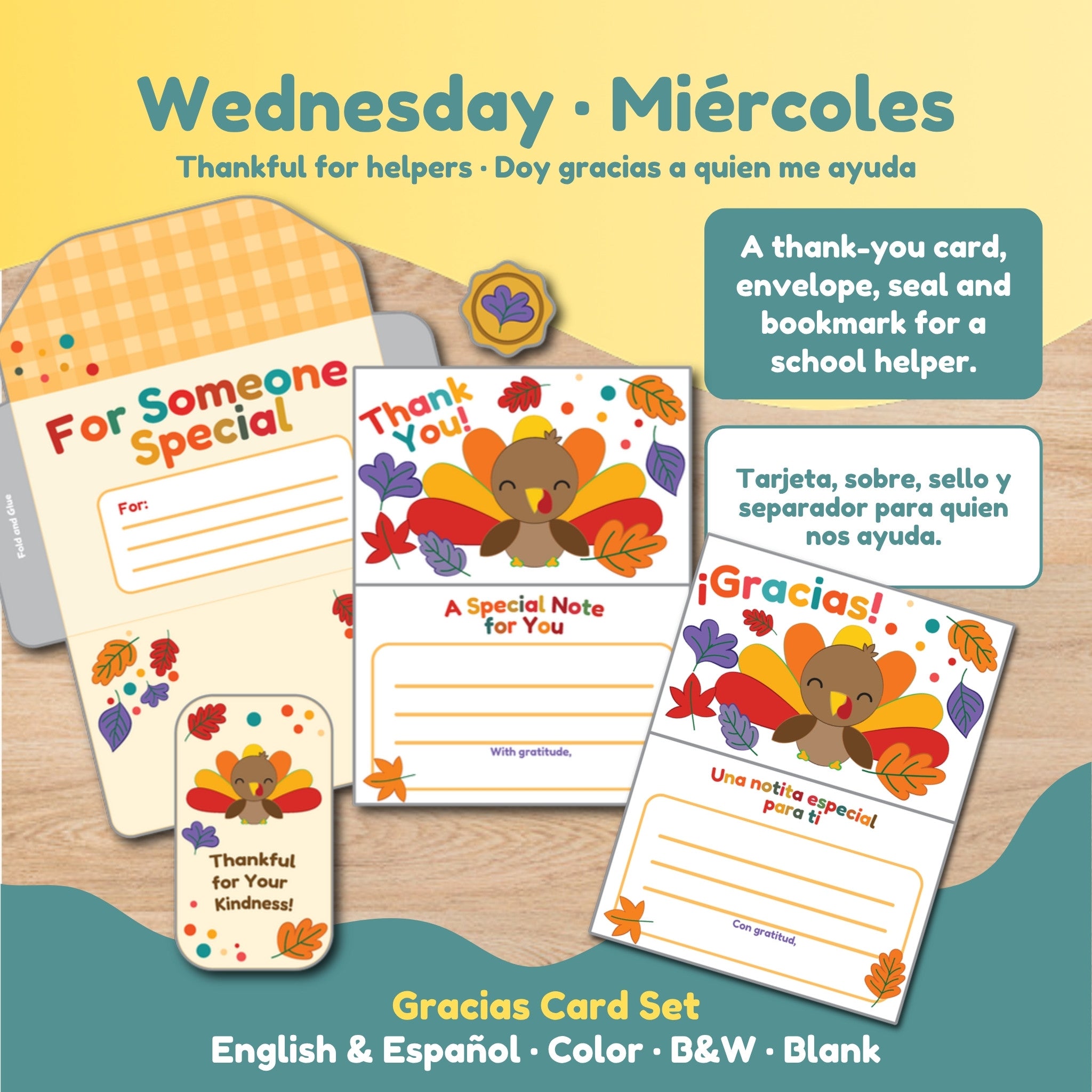 Wednesday: Gracias thank-you card set with envelope, seal and bookmark for school helpers