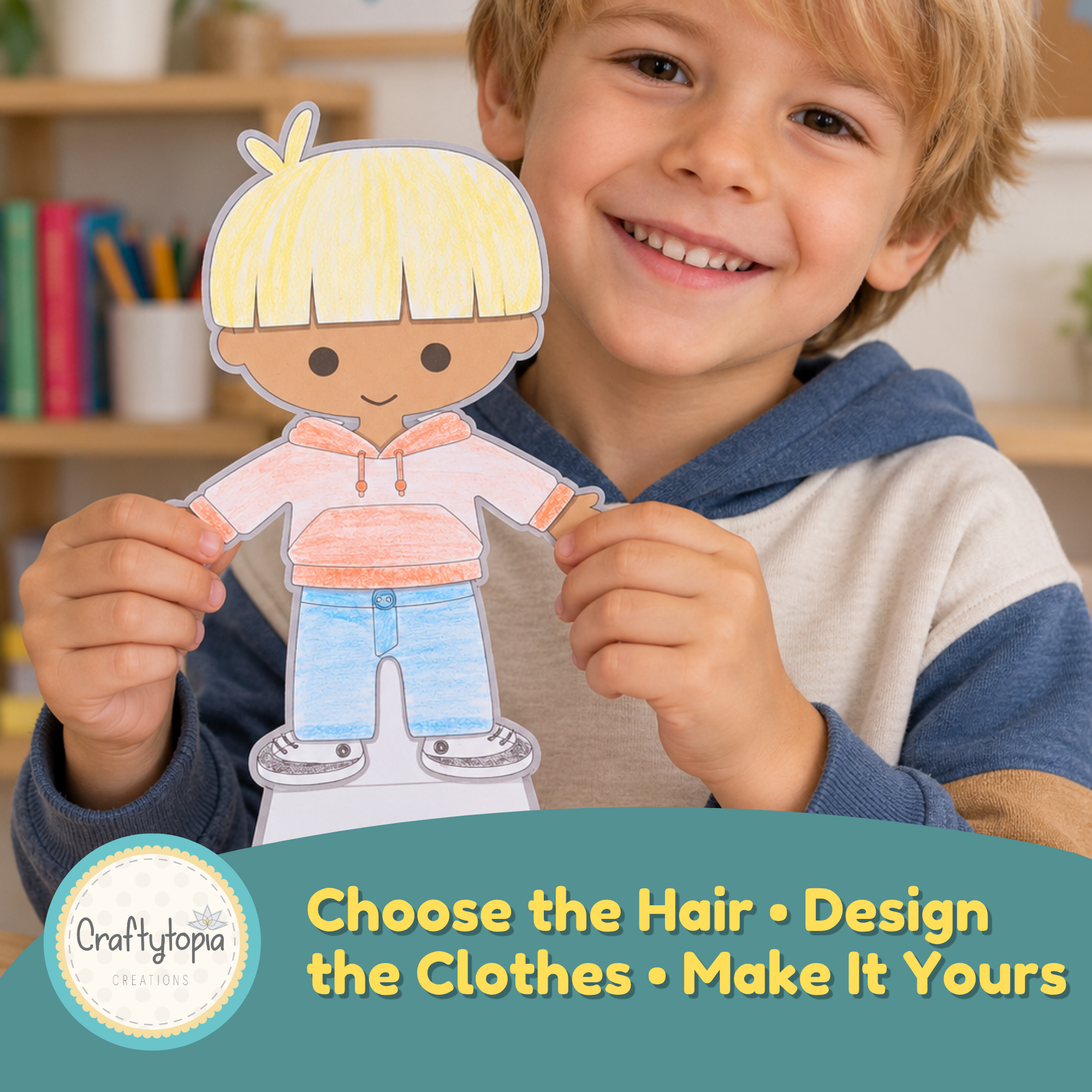 A child holding a finished paper puppet, showing how kids choose the hair and design the clothes to make it their own.