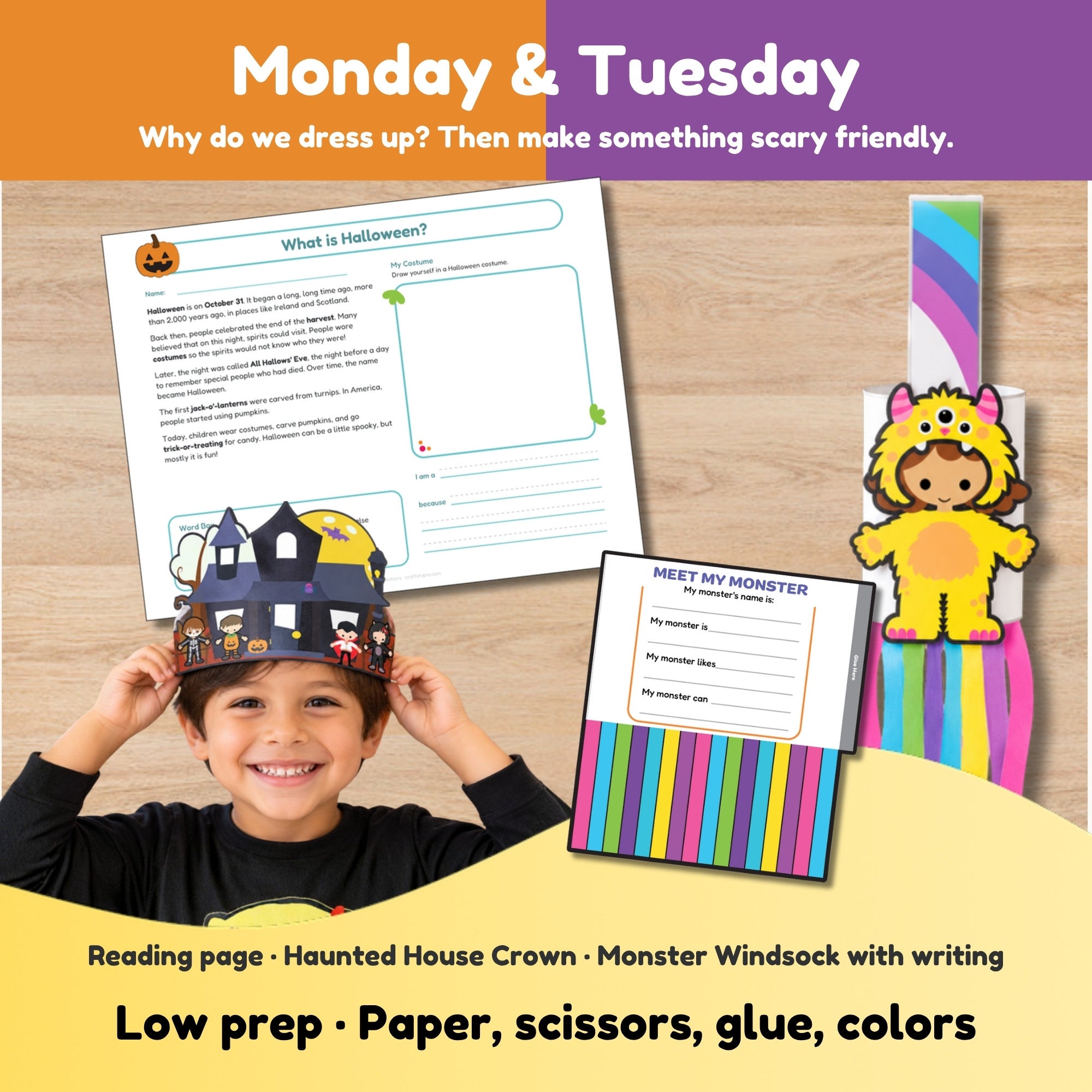 Monday and Tuesday printables: What is Halloween reading page, haunted house crown, and monster windsock with writing