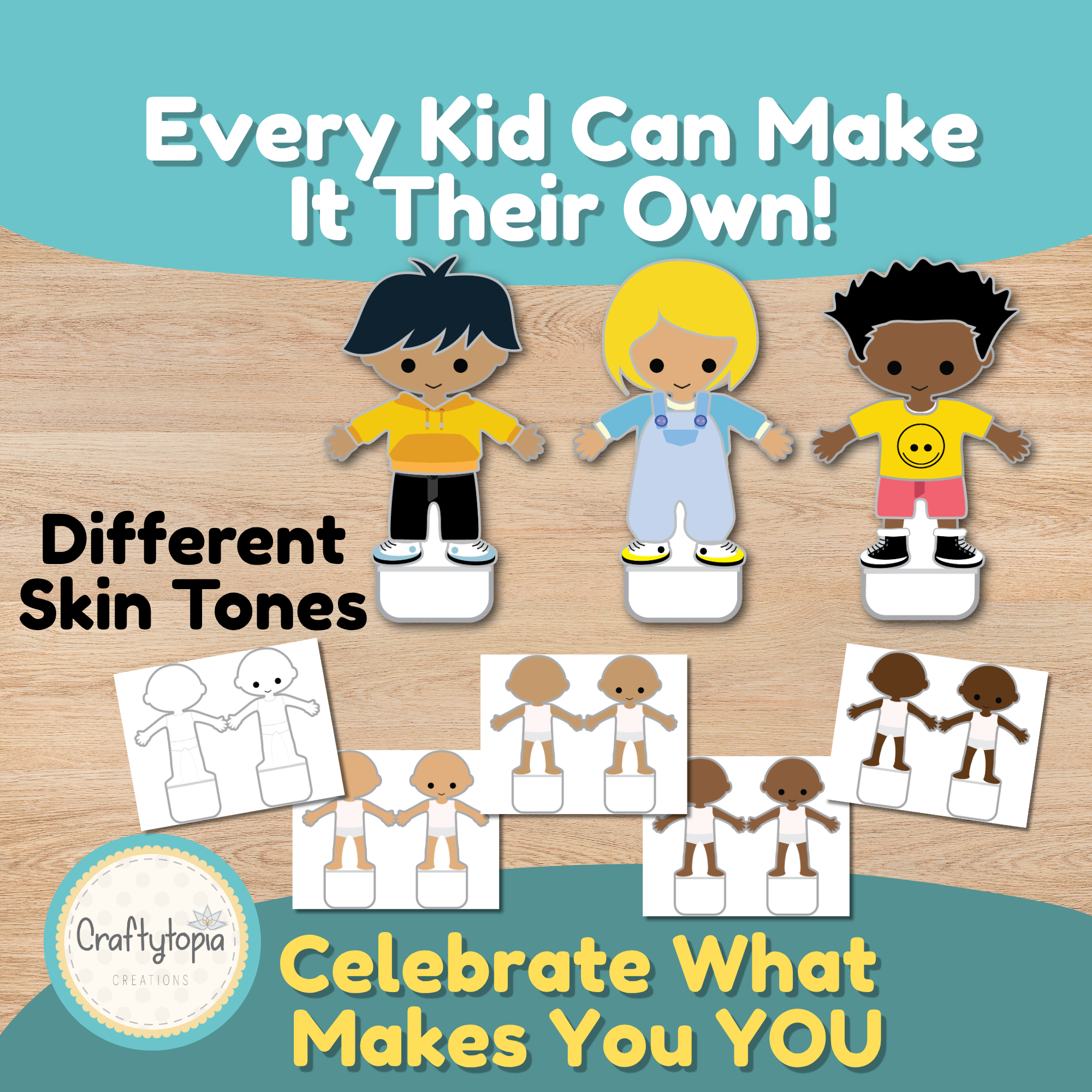 Three finished paper puppets with different skin tones next to black and white body templates children can color.