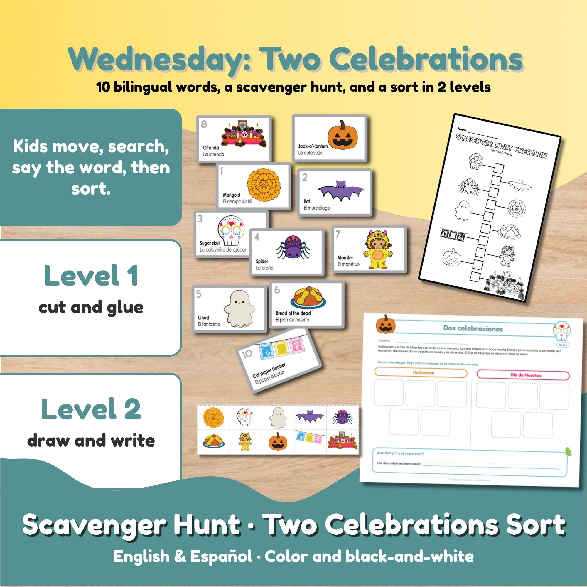 Wednesday bilingual scavenger hunt cards and Two Celebrations sort sheet in two levels