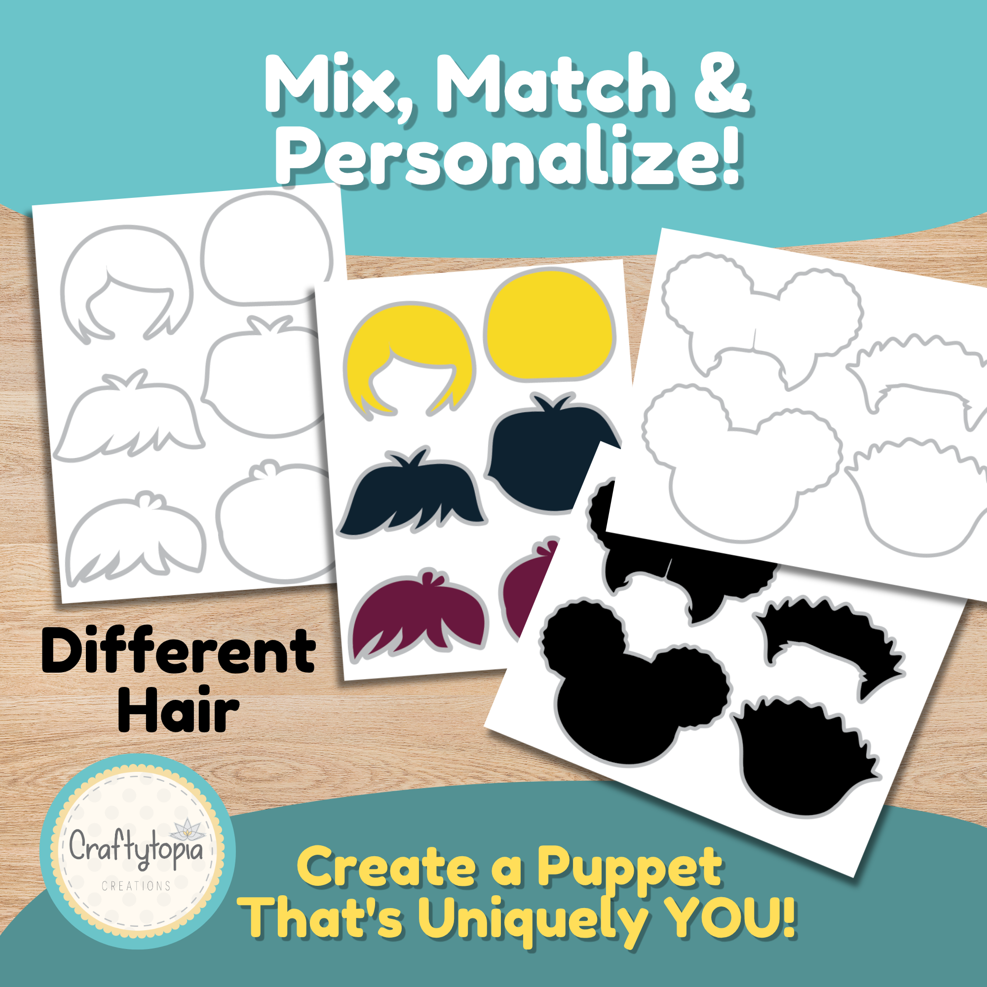 Paper puppet hairstyles in color and black and white with blank body templates for mixing and matching a custom look.